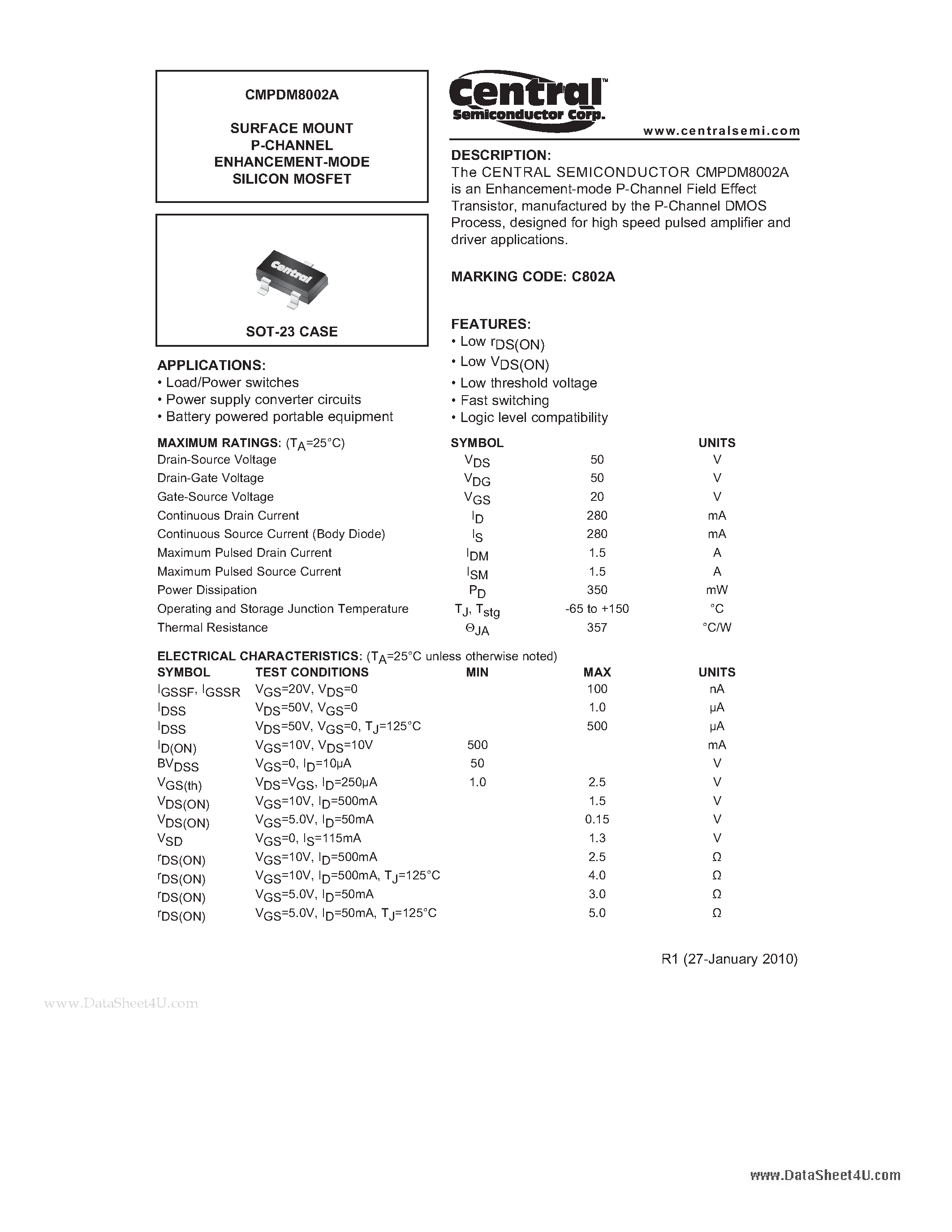 Даташит CMPDM8002A - SURFACE MOUNT P-CHANNEL ENHANCEMENT-MODE SILICON MOSFET страница 1