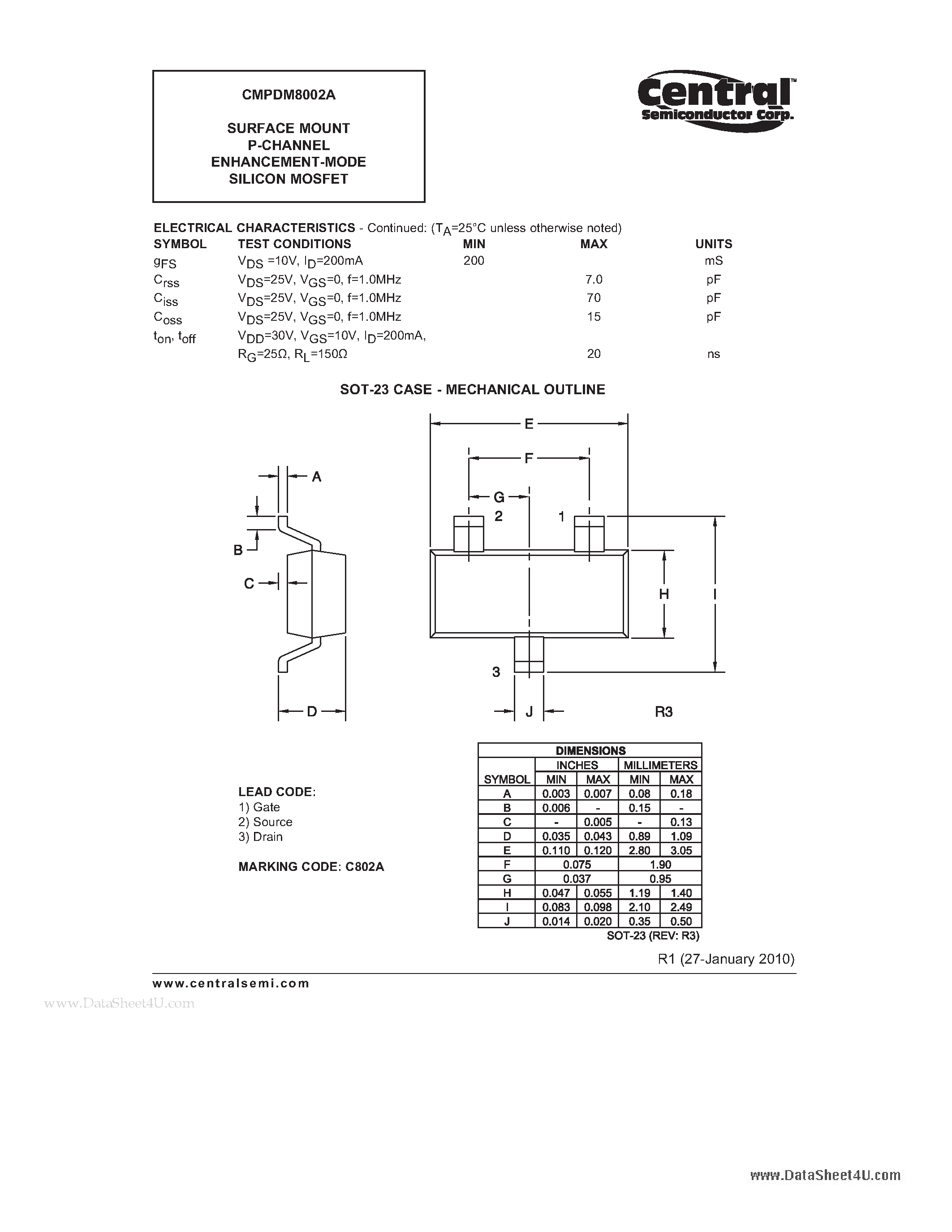 Даташит CMPDM8002A - SURFACE MOUNT P-CHANNEL ENHANCEMENT-MODE SILICON MOSFET страница 2