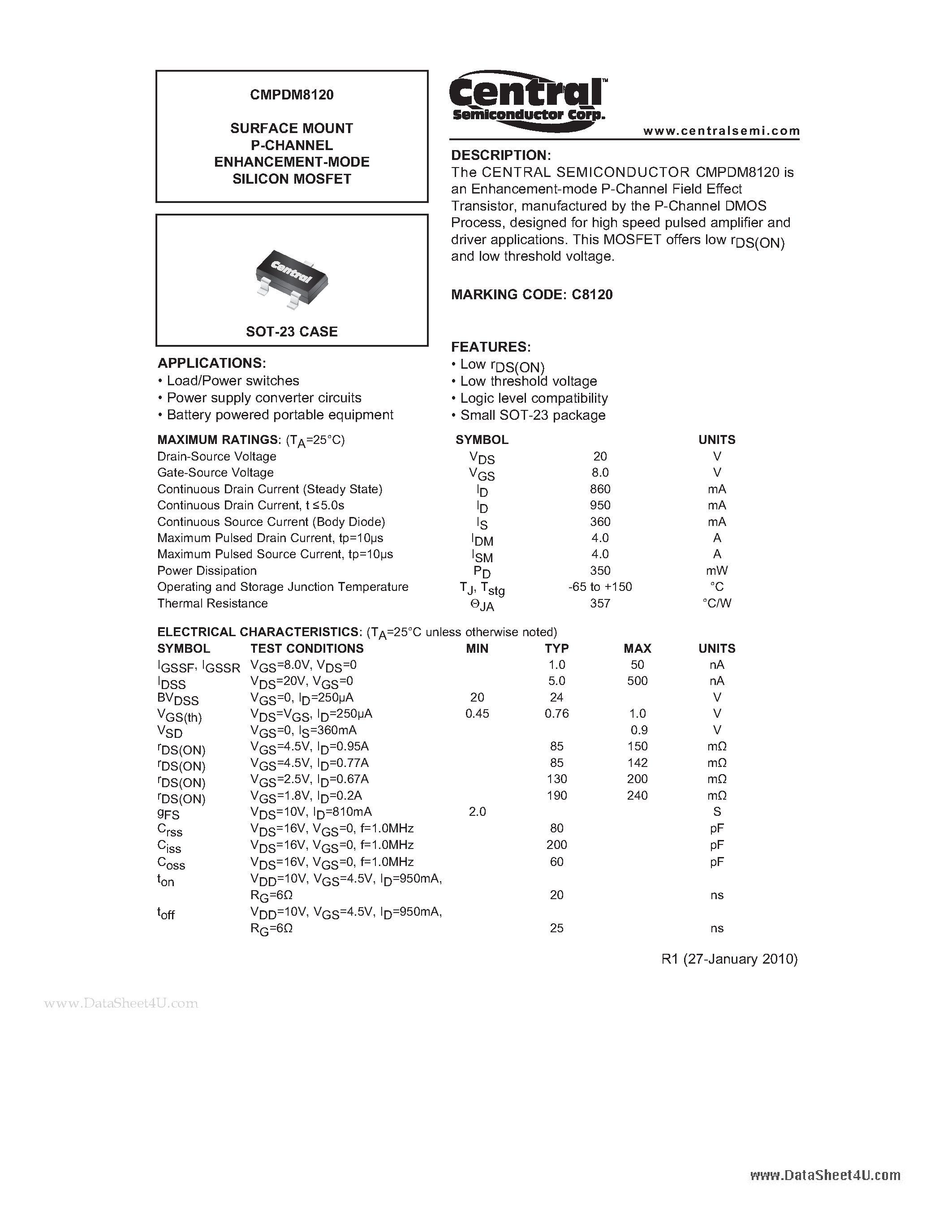 Даташит CMPDM8120 - SURFACE MOUNT P-CHANNEL ENHANCEMENT-MODE SILICON MOSFET страница 1