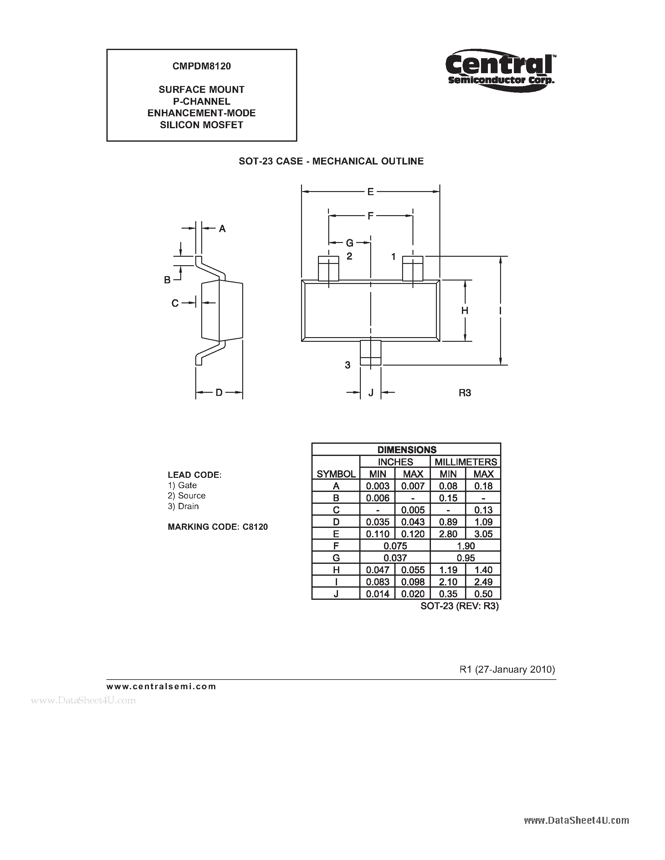 Даташит CMPDM8120 - SURFACE MOUNT P-CHANNEL ENHANCEMENT-MODE SILICON MOSFET страница 2