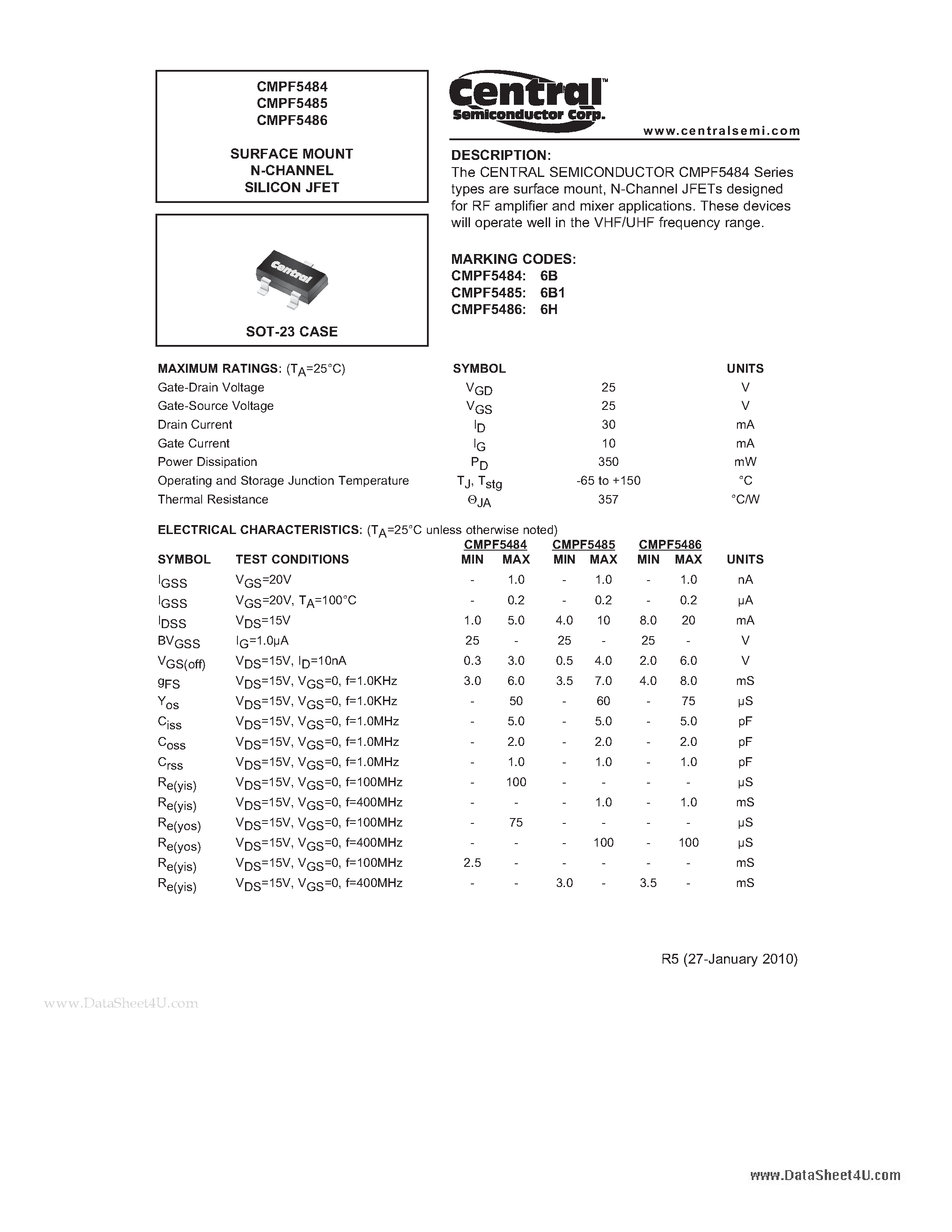 Datasheet CMPF5484 - SURFACE MOUNT N-CHANNEL SILICON JFET page 1