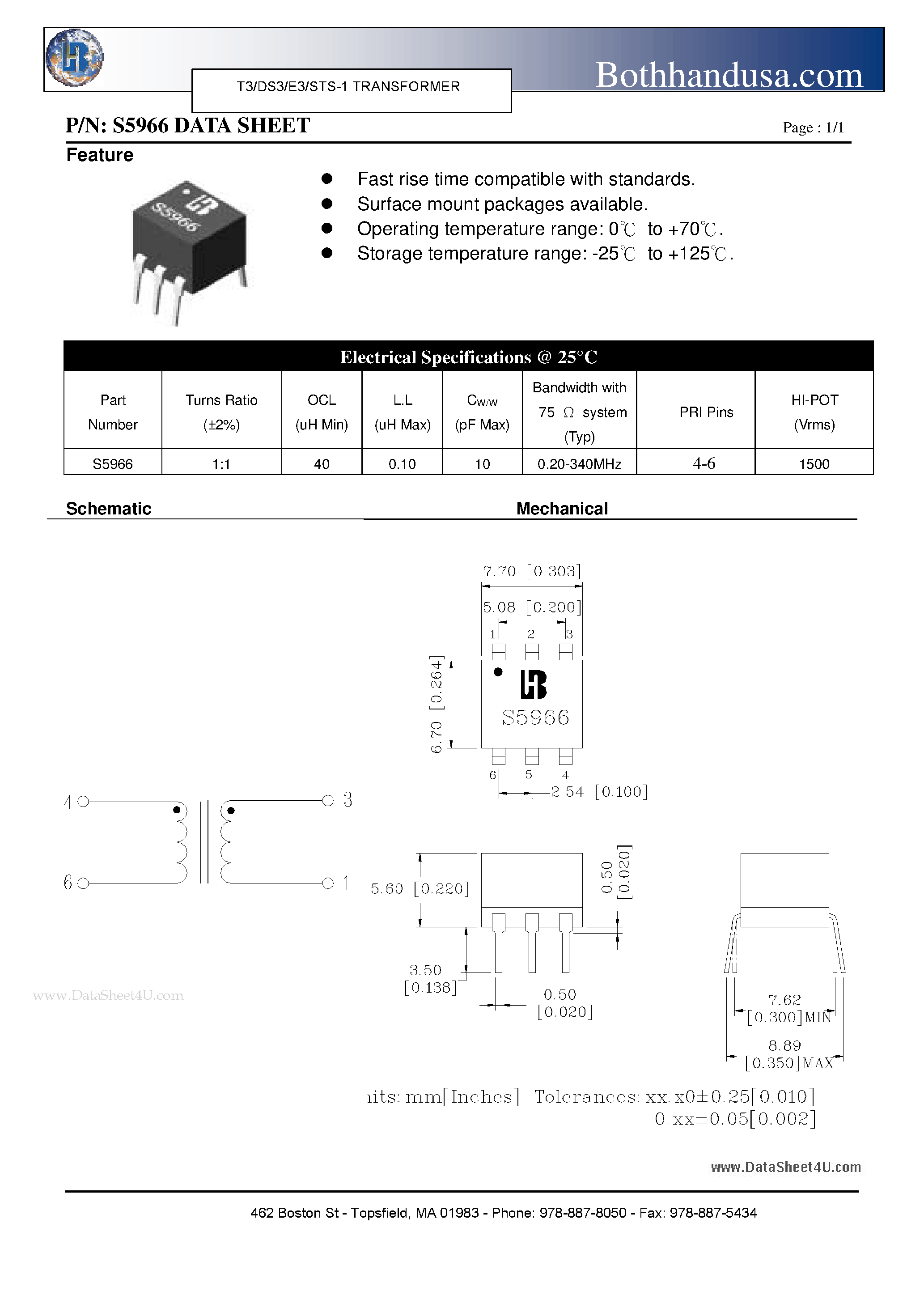 Datasheet S5966 - T3/DS3/E3/STS-1 TRANSFORMER page 1