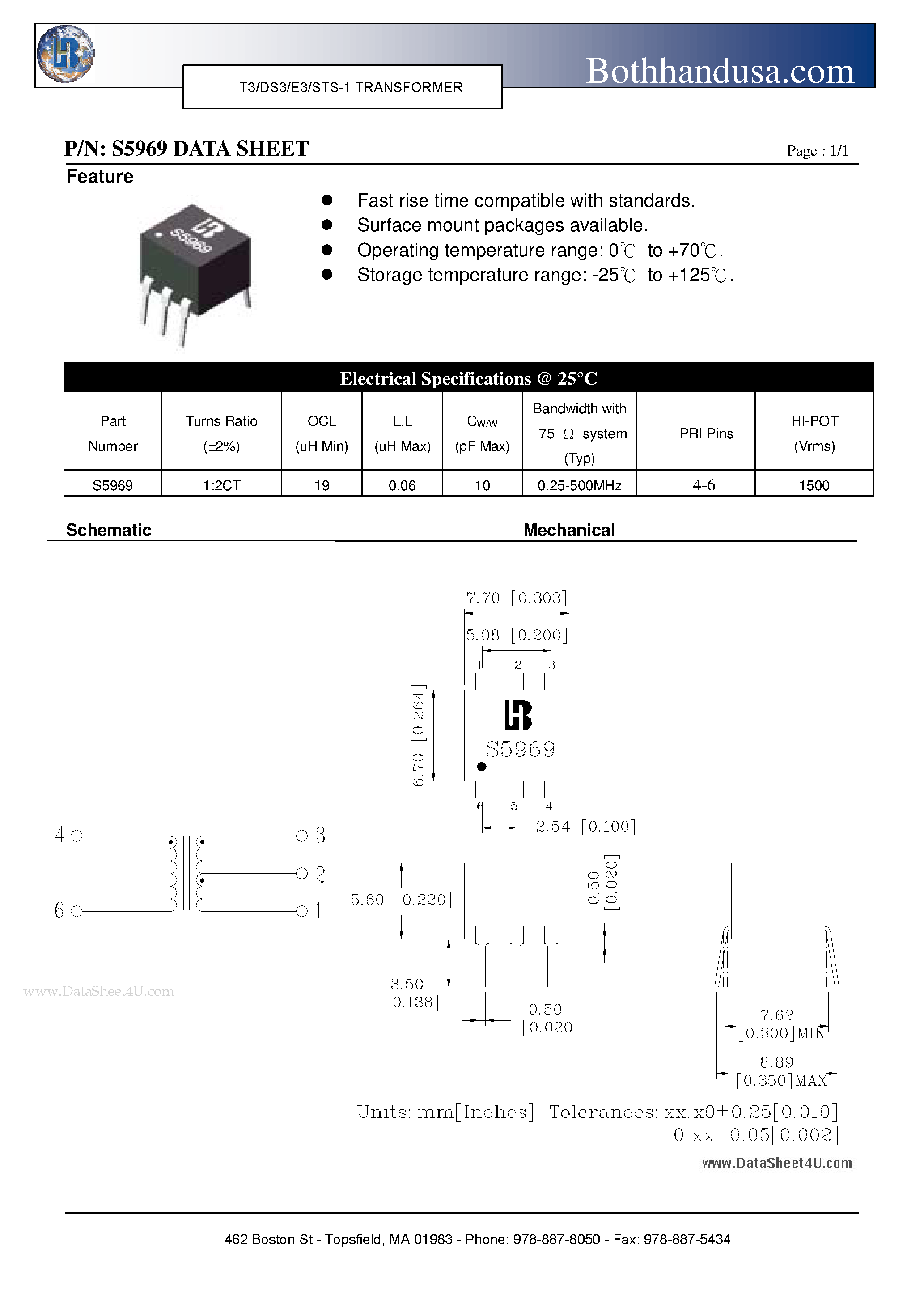 Datasheet S5969 - T3/DS3/E3/STS-1 TRANSFORMER page 1