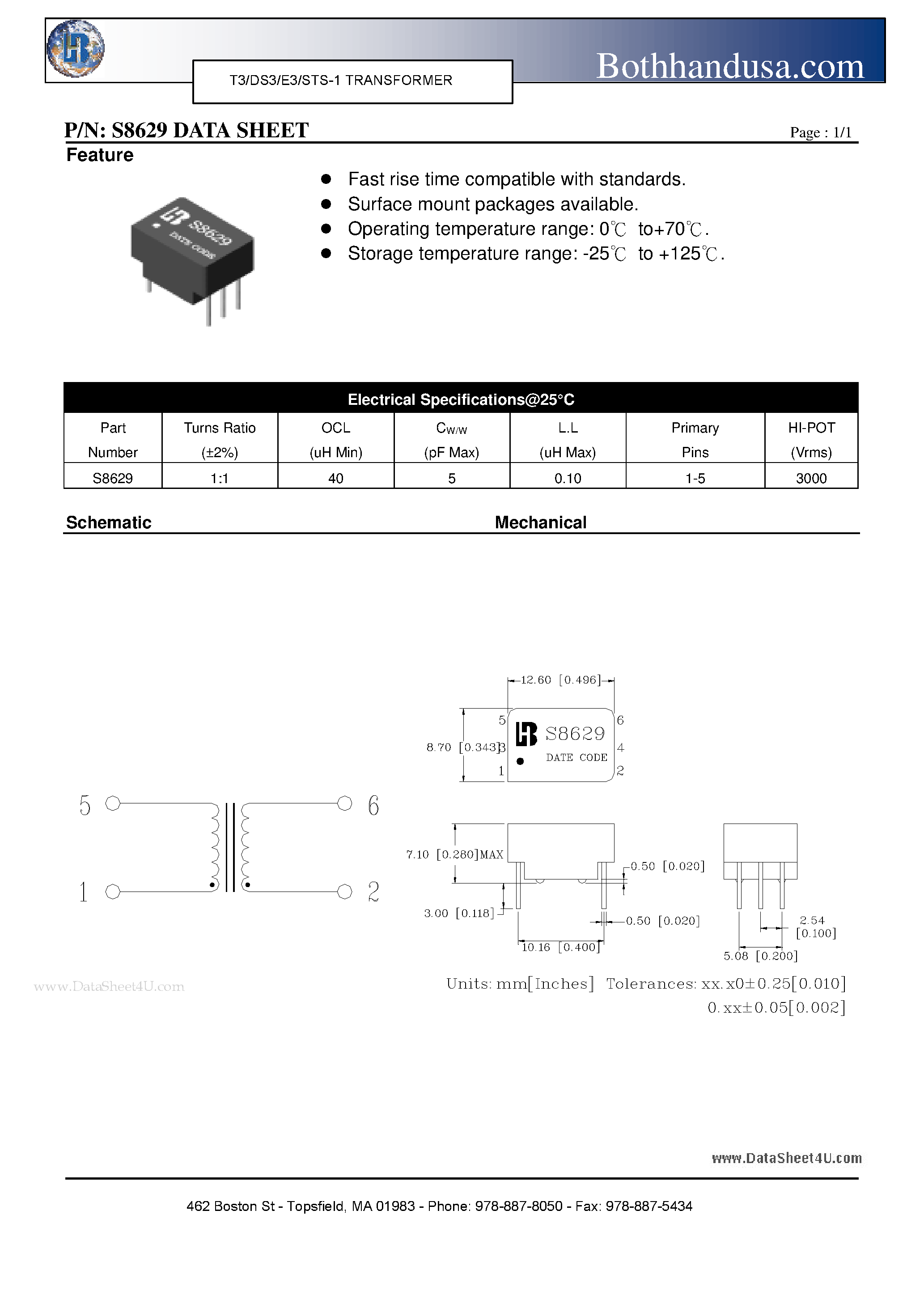 Datasheet S8629 - T3/DS3/E3/STS-1 TRANSFORMER page 1