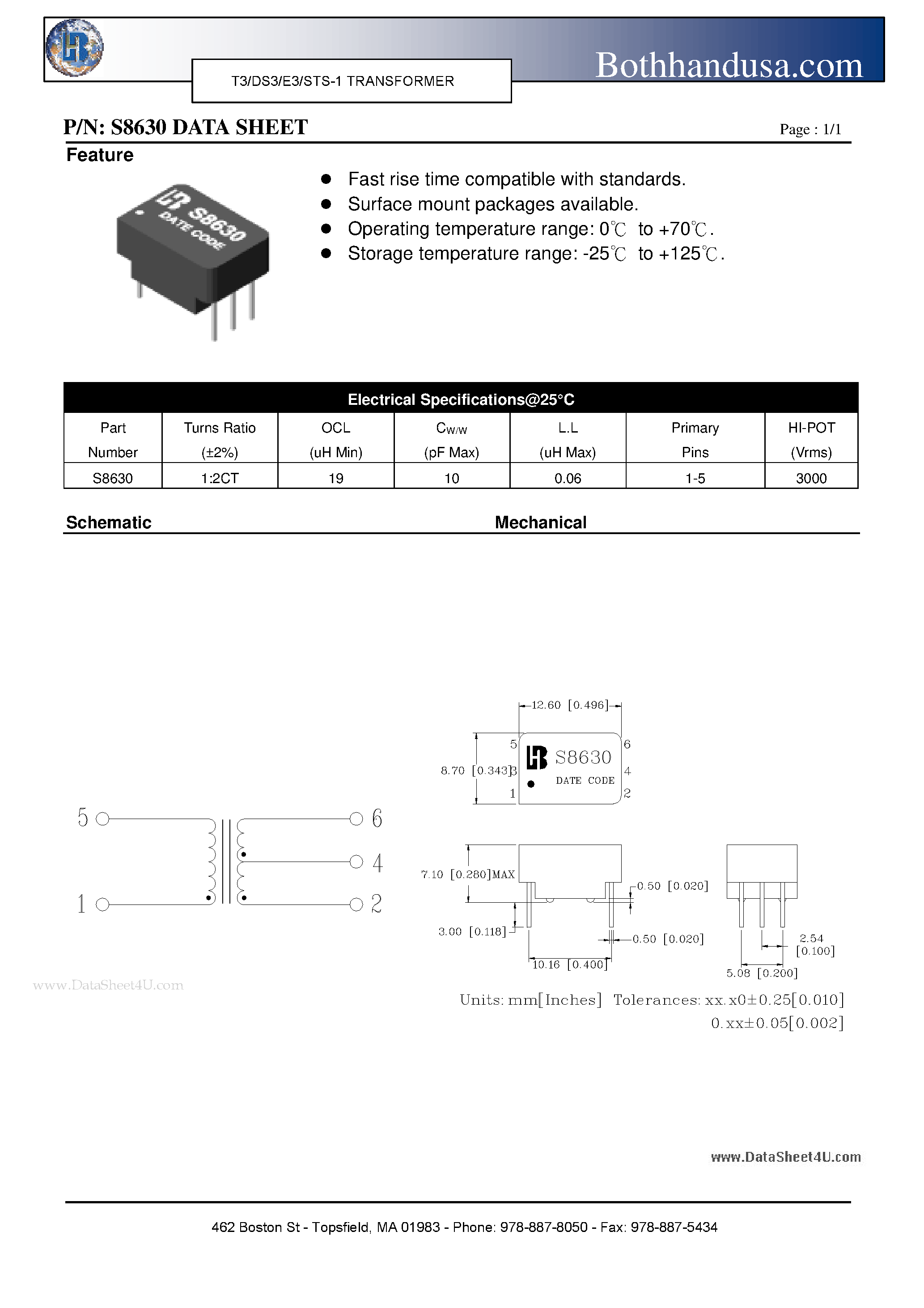 Datasheet S8630 - T3/DS3/E3/STS-1 TRANSFORMER page 1