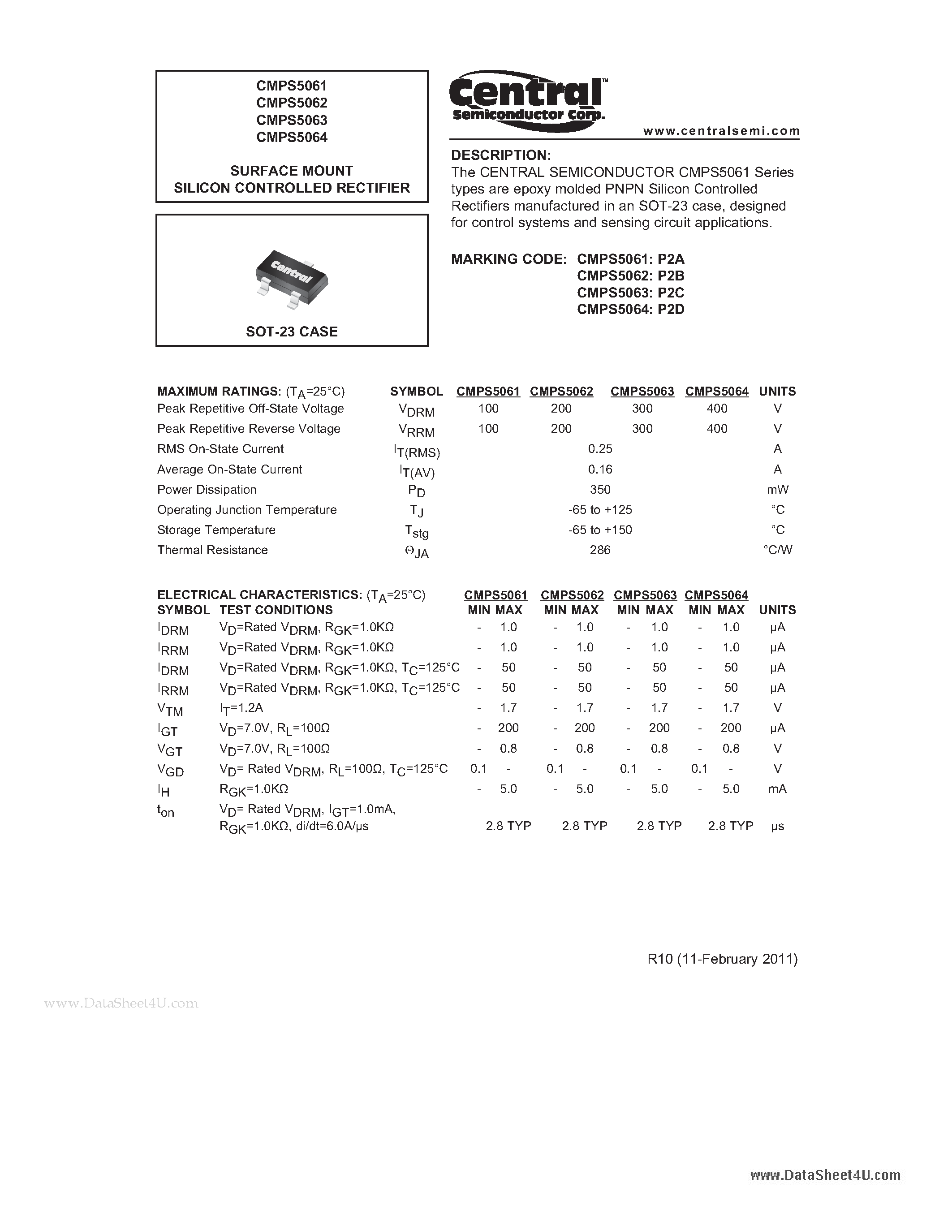 Datasheet CMPS5061 page 1 Datasheet CMPS5061 - SURFACE MOUNT SILICON CONTROLLED RECTIFIER page 1