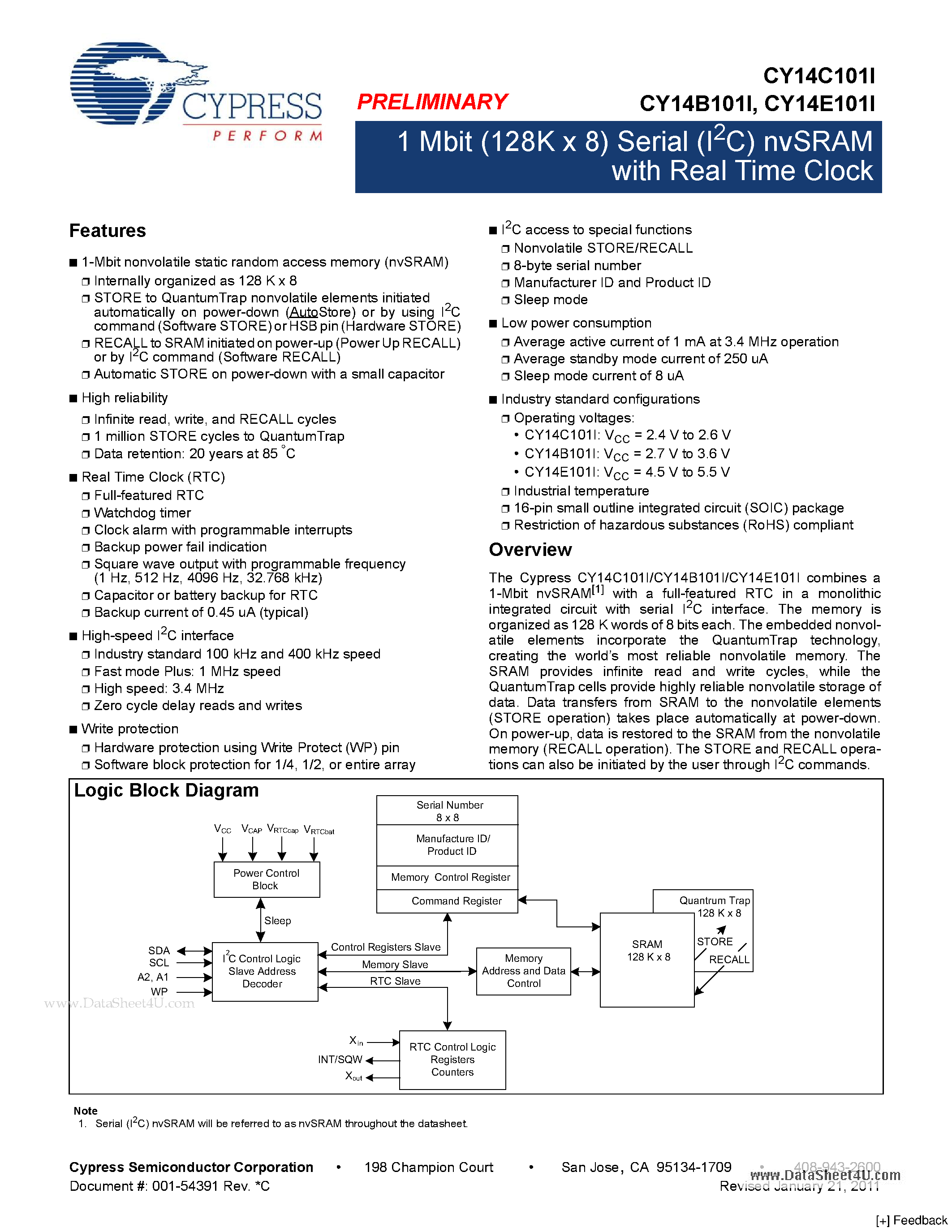 Datasheet CY14B101I - 1 Mbit (128K x 8) Serial (I2C) nvSRAM page 1