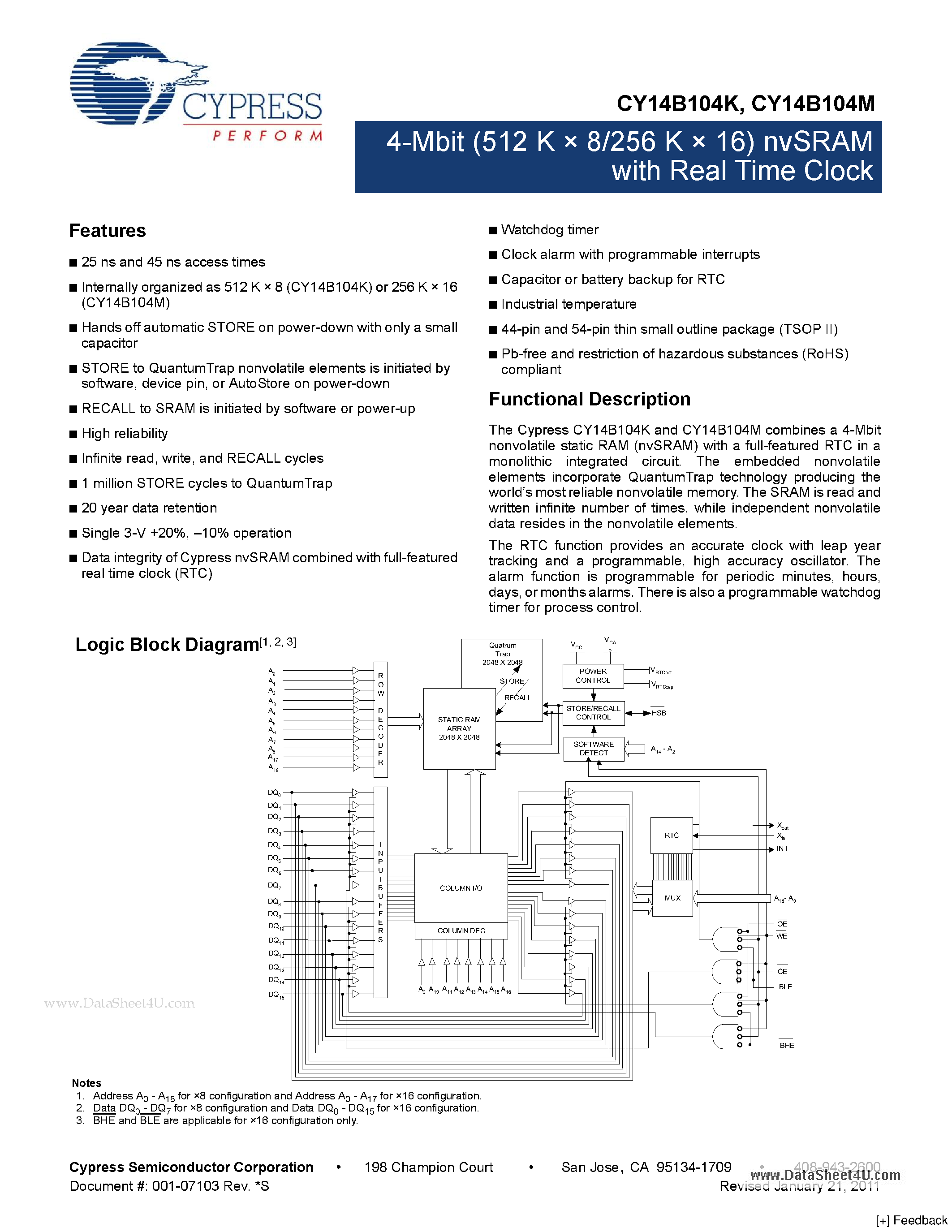 Datasheet CY14B104K page 1 Datasheet CY14B104K - 4-Mbit (512 K X 8/256 K X 16) nvSRAM page 1