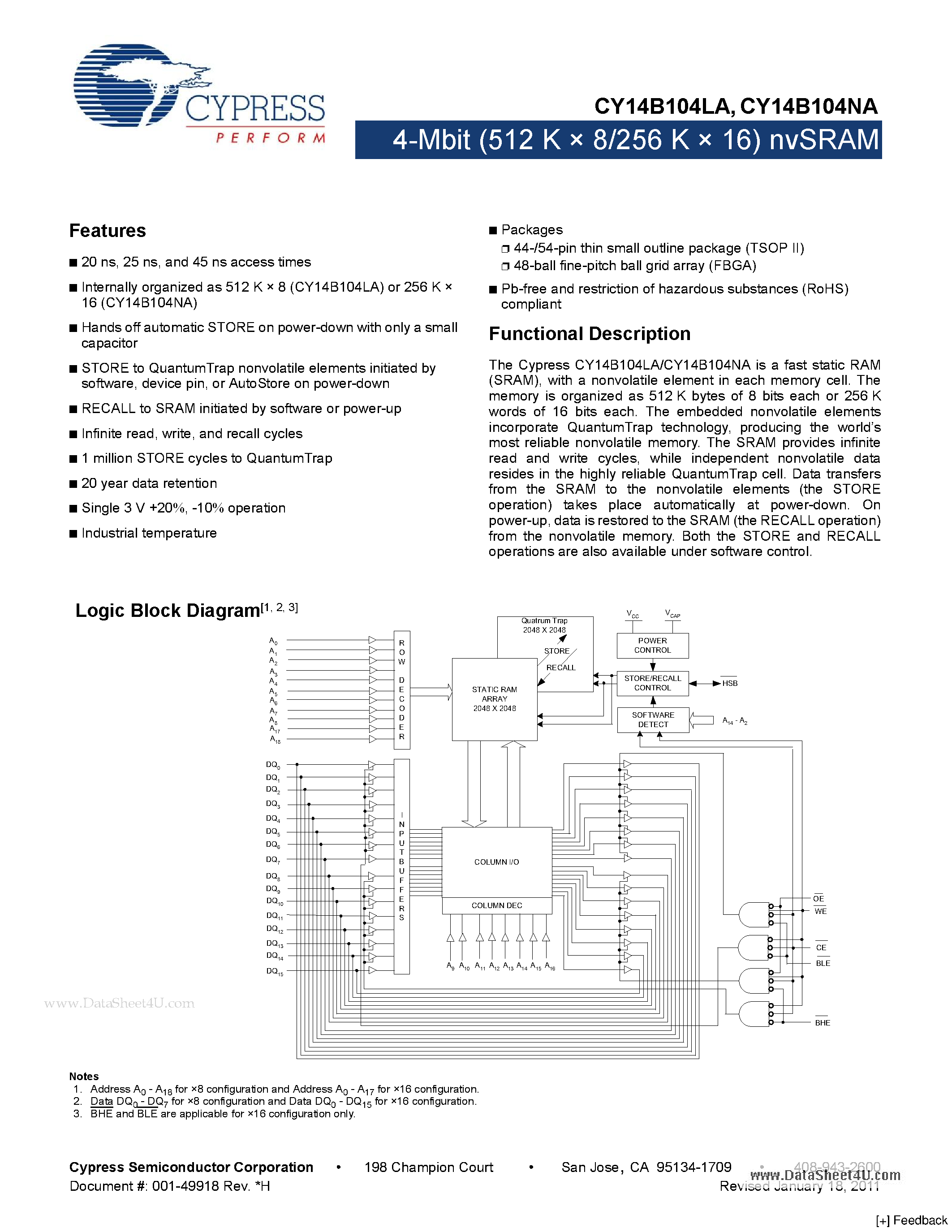 Даташит CY14B104LA - 4-Mbit (512 K X 8/256 K X 16) nvSRAM страница 1