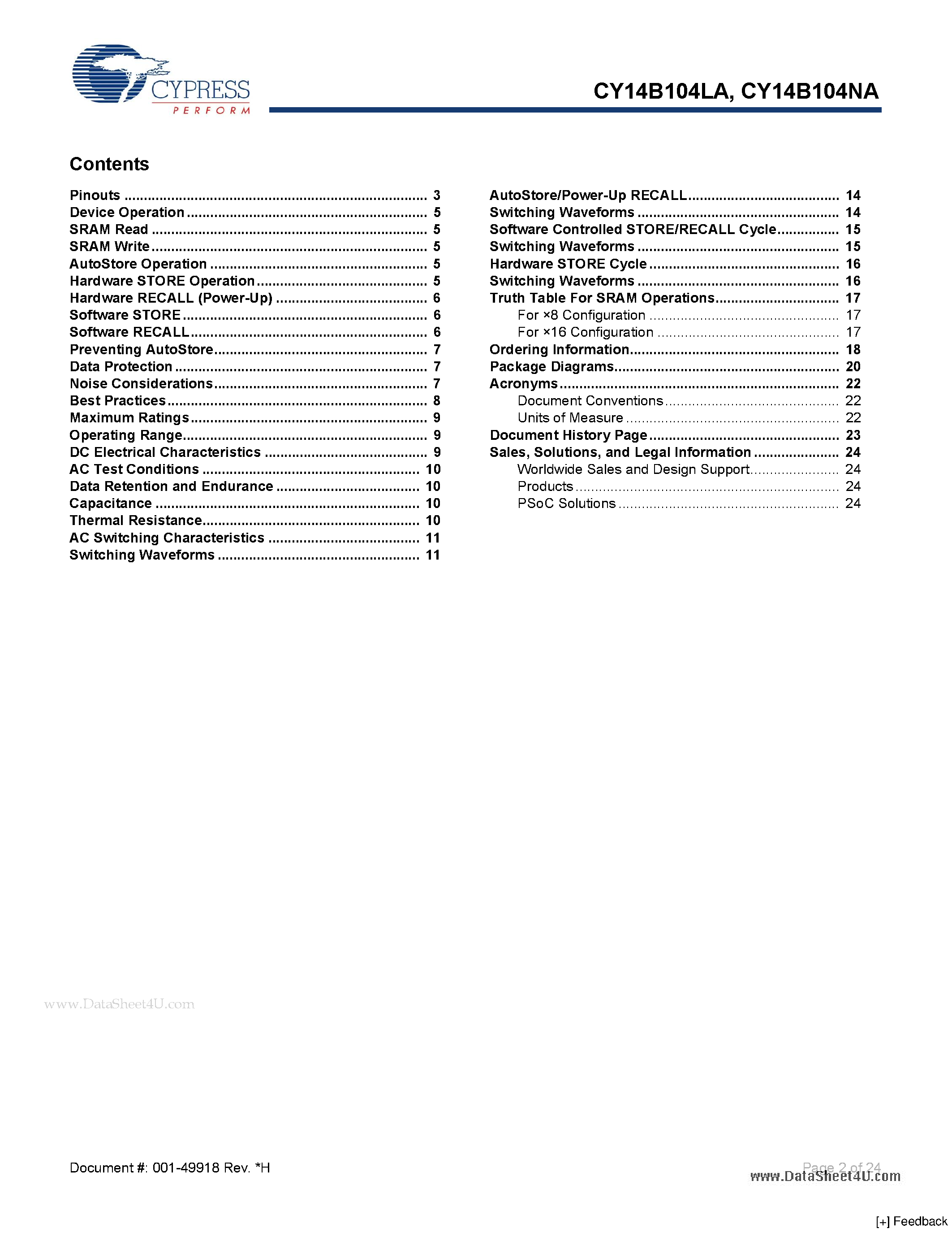 Даташит CY14B104LA - 4-Mbit (512 K X 8/256 K X 16) nvSRAM страница 2