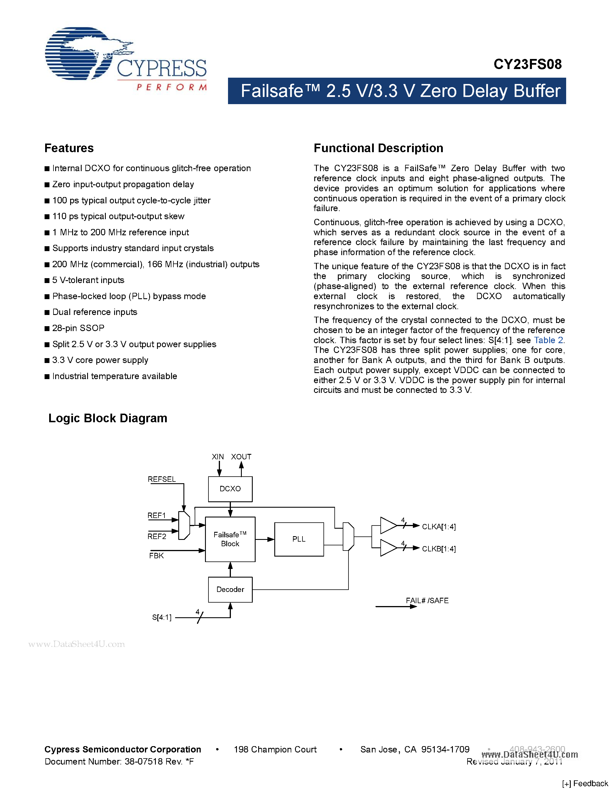 Datasheet CY23FS08 - Failsafe 2.5 V/3.3 V Zero Delay Buffer page 1