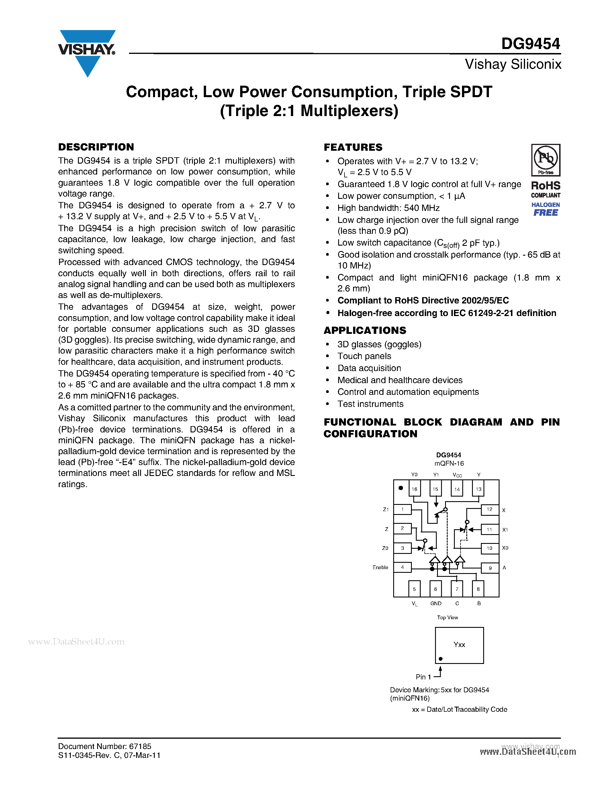 Даташит DG9454 - Compact Low Power Consumption Triple SPDT (Triple 2:1 Multiplexers) страница 1