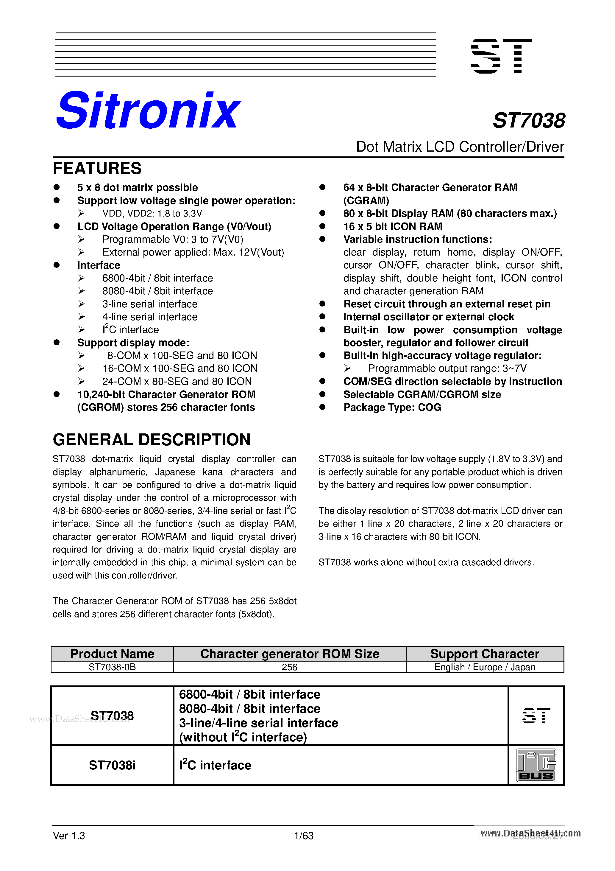 Datasheet ST7038 page 1 Datasheet ST7038 - Dot Matrix LCD Controller/Driver page 1
