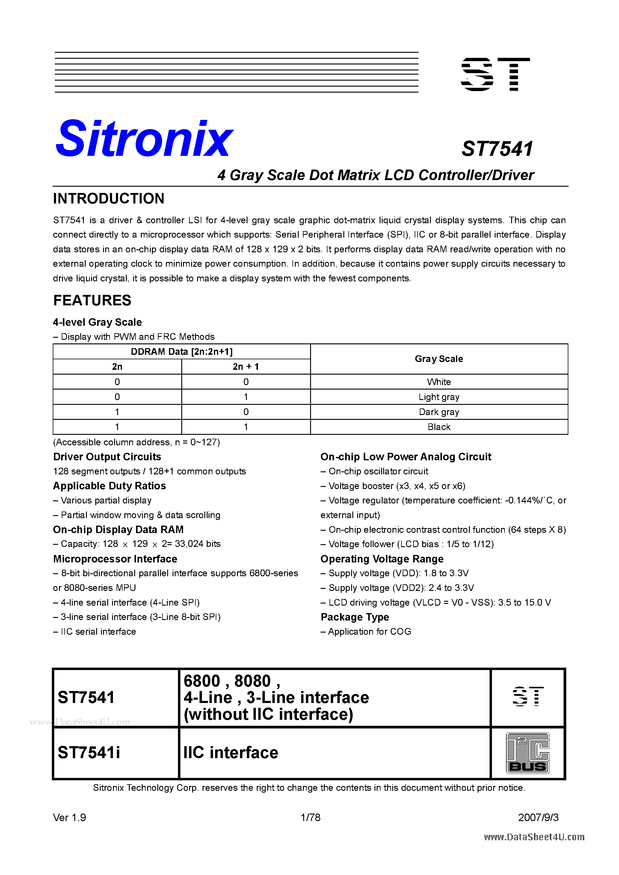 Datasheet ST7541 page 1 Datasheet ST7541 - 4 Gray Scale Dot Matrix LCD Controller/Driver page 1
