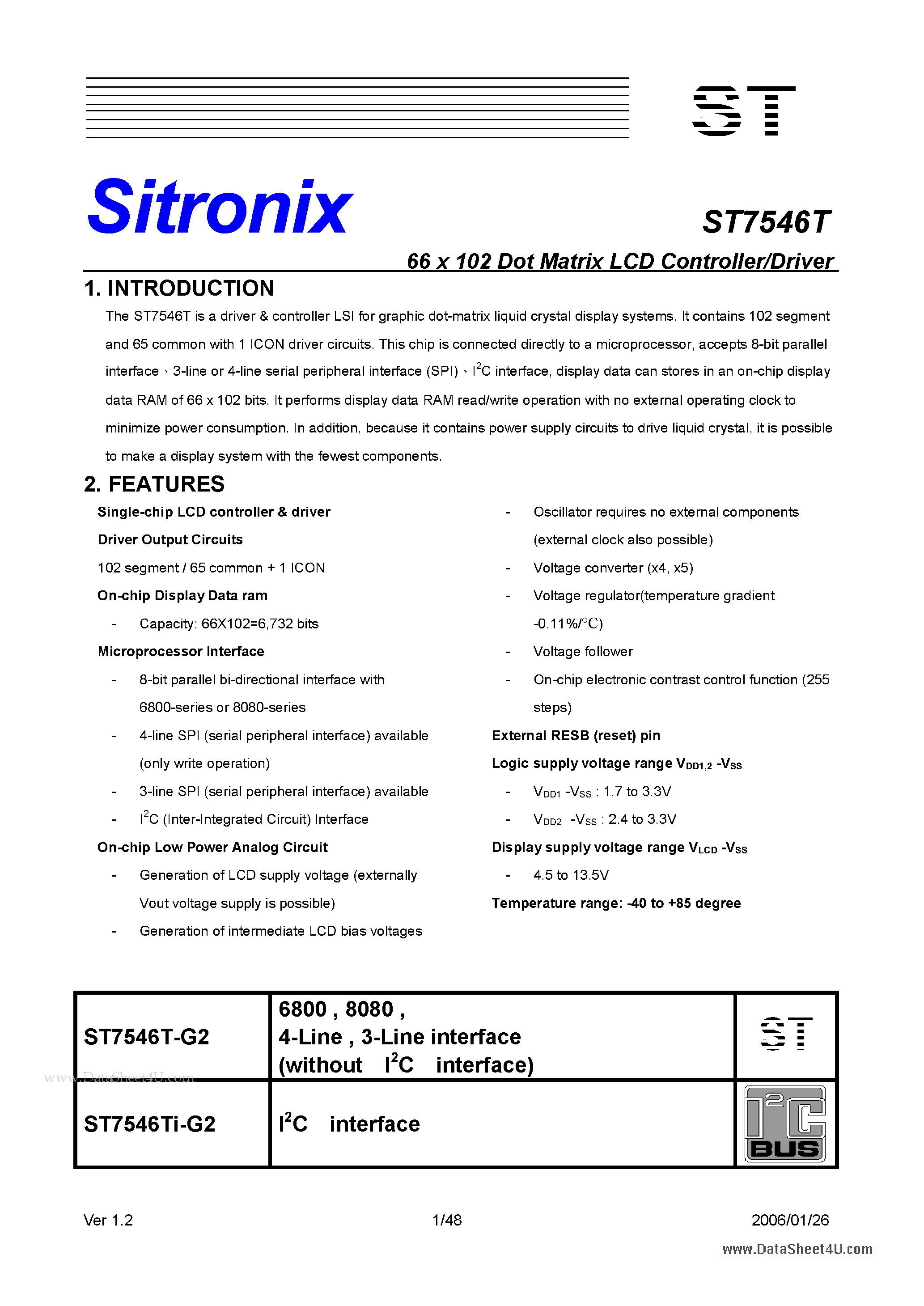 Datasheet ST7546T page 1 Datasheet ST7546T - 66 x 102 Dot Matrix LCD Controller/Driver page 1