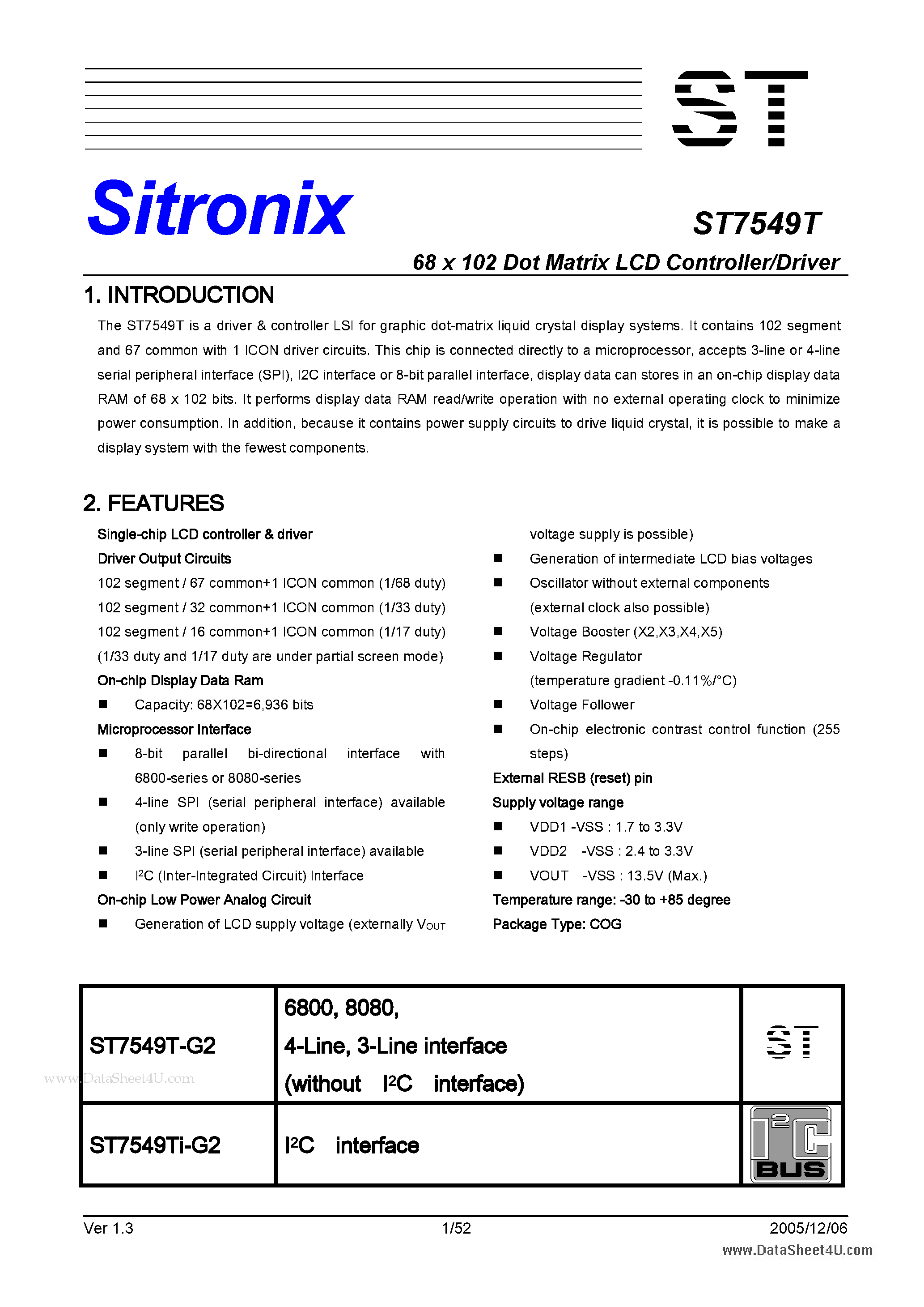 Datasheet ST7549T - 68 x 102 Dot Matrix LCD Controller/Driver page 1
