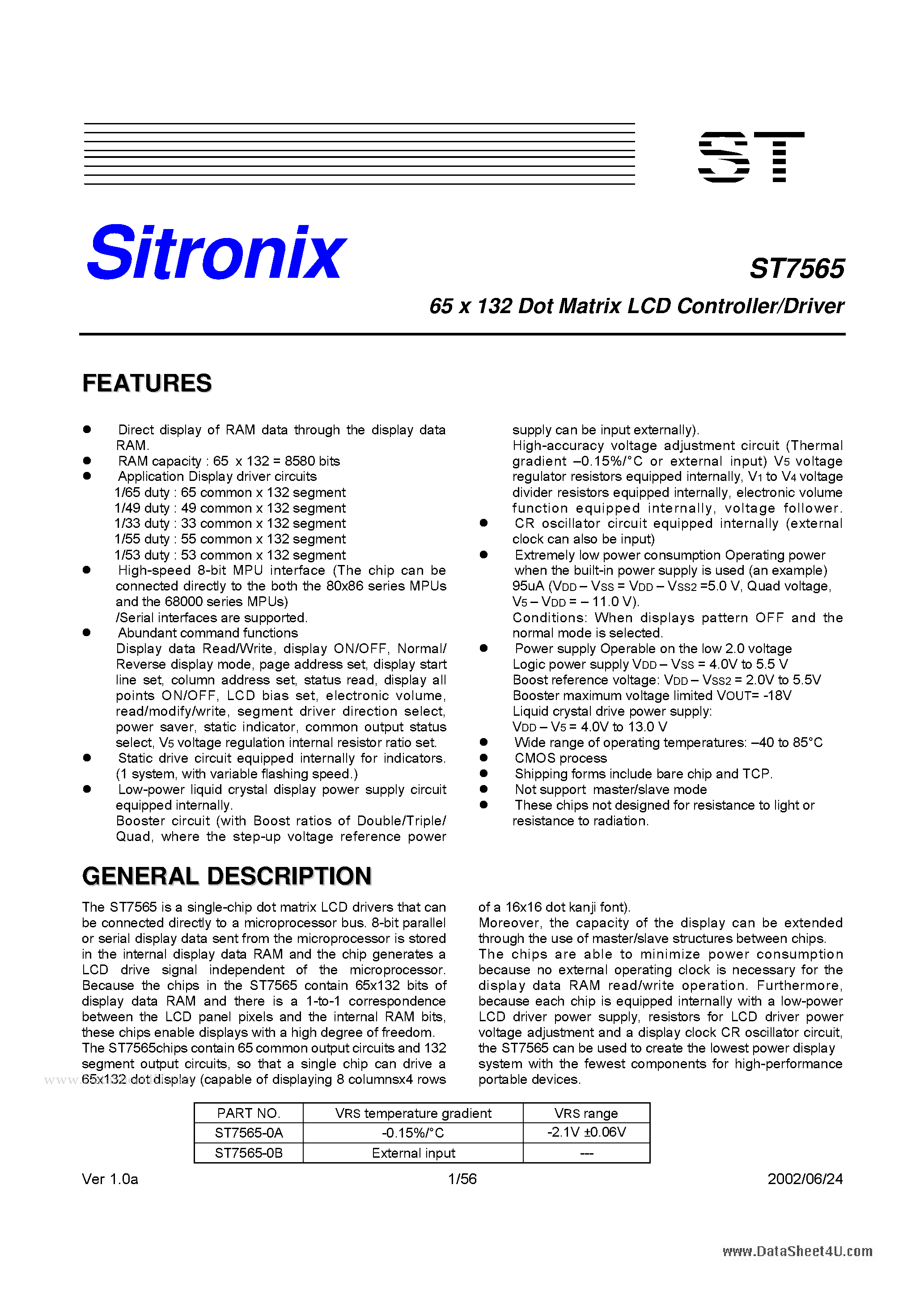 Datasheet ST7565 - 65 x 132 Dot Matrix LCD Controller/Driver page 1