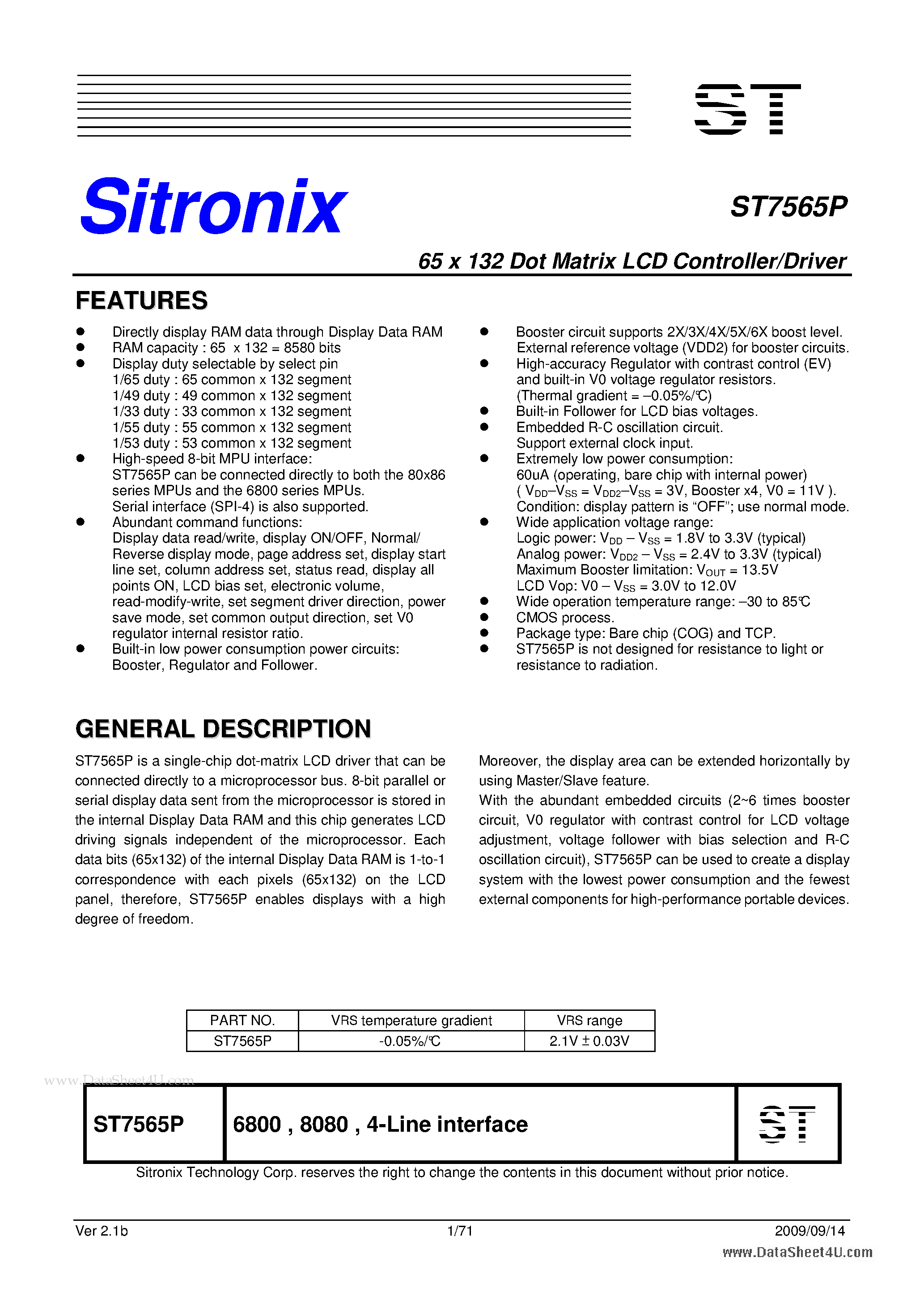 Даташит на микросхему ST7565P страница 1 Даташит ST7565P - 65 x 132 Dot Matrix LCD Controller/Driver страница 1