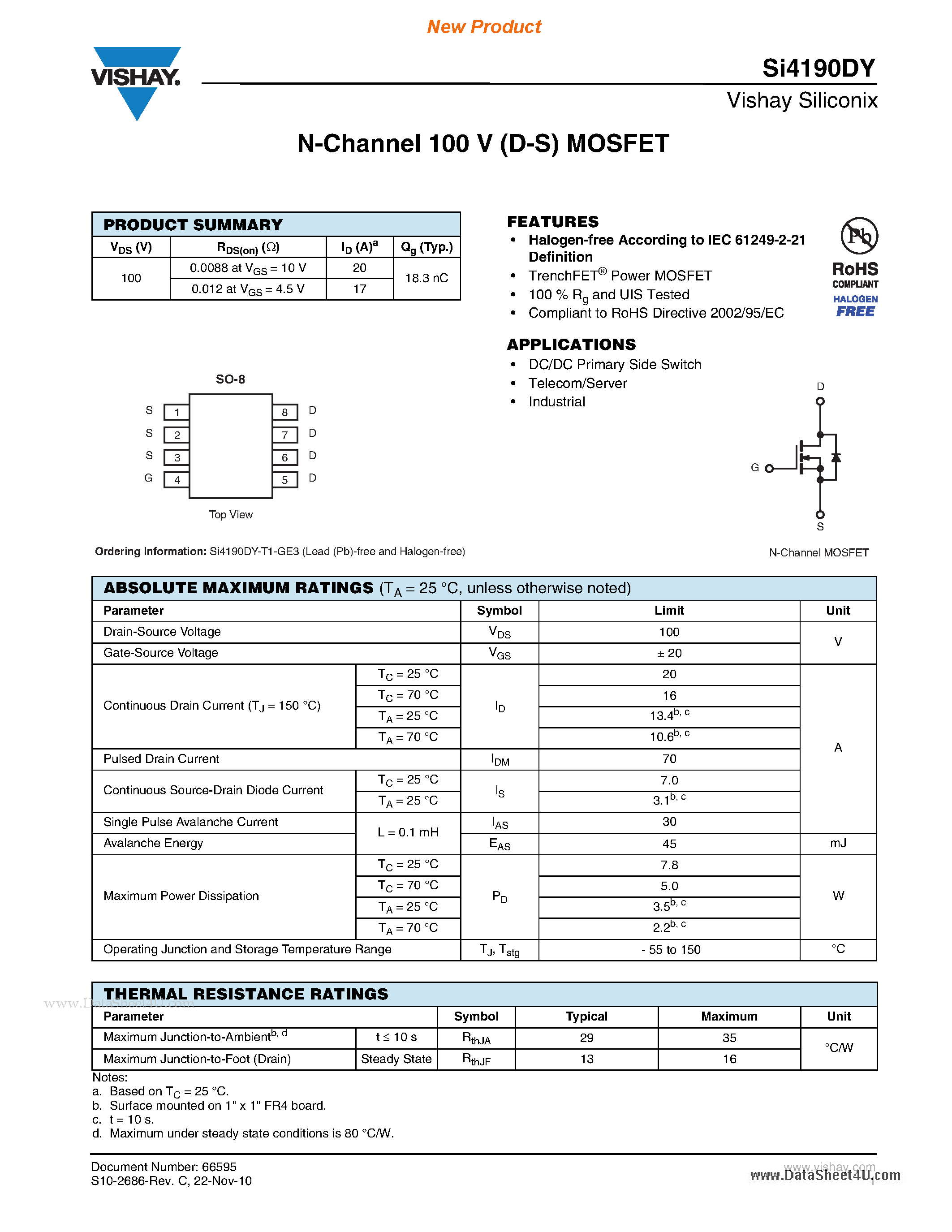 Даташит SI4190DY - N-Channel 100 V (D-S) MOSFET страница 1