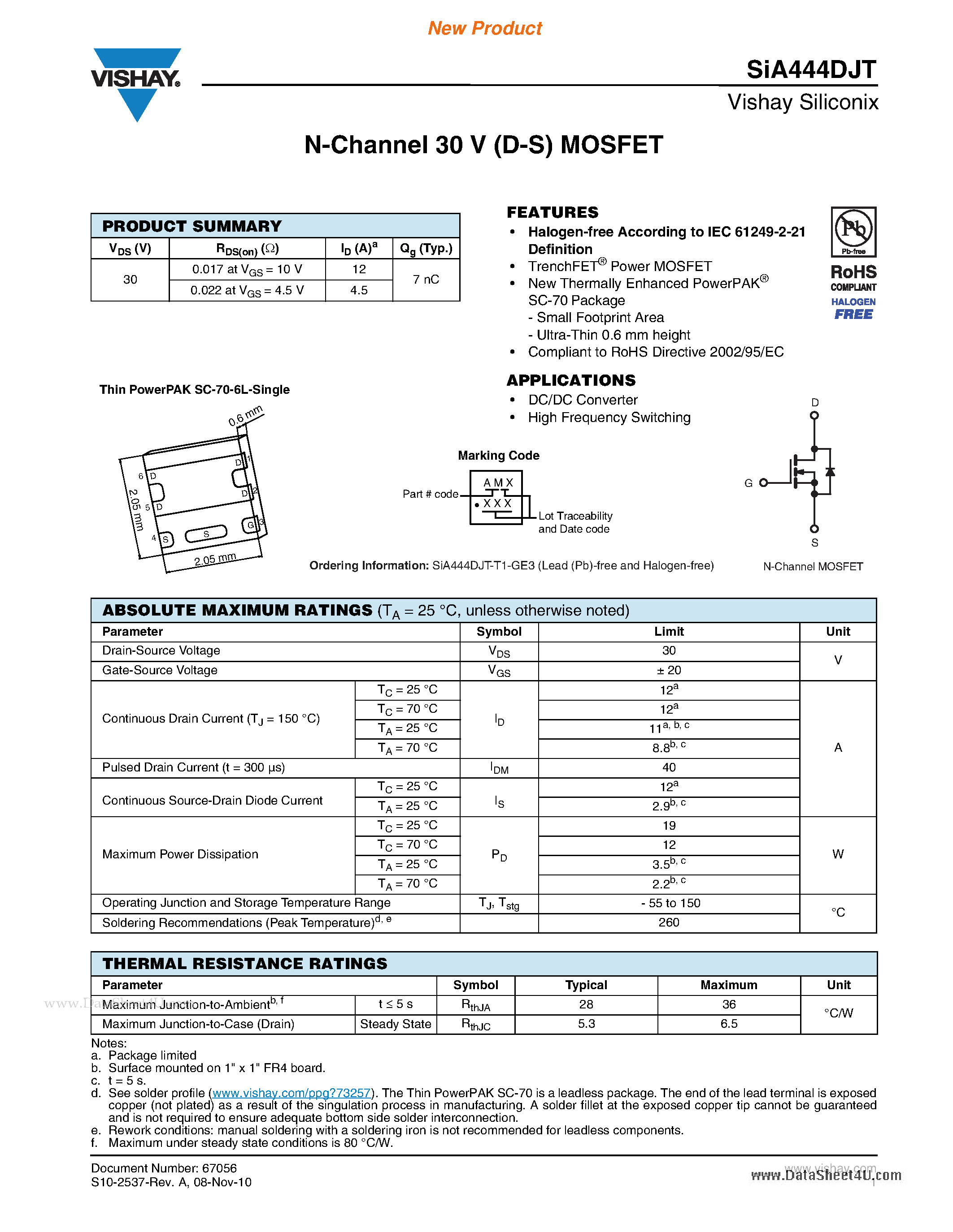 Даташит SIA444DJT - N-Channel 30 V (D-S) MOSFET страница 1