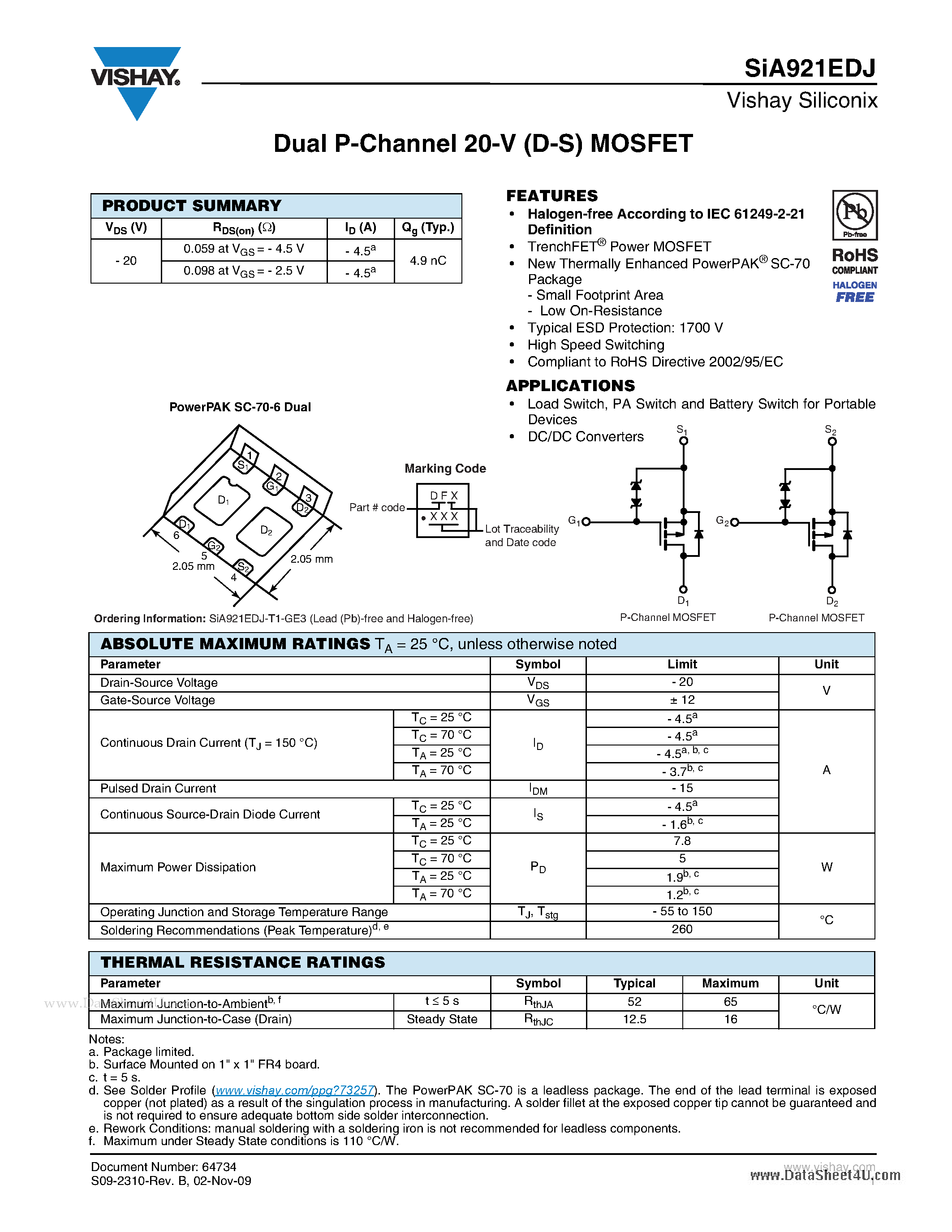 Даташит SIA921EDJ - Dual P-Channel 20-V (D-S) MOSFET страница 1