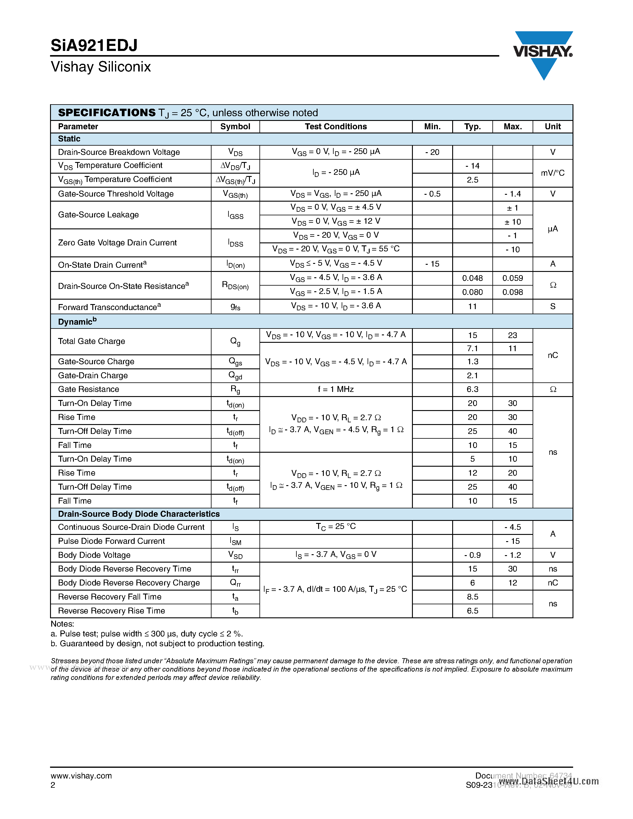 Даташит SIA921EDJ - Dual P-Channel 20-V (D-S) MOSFET страница 2