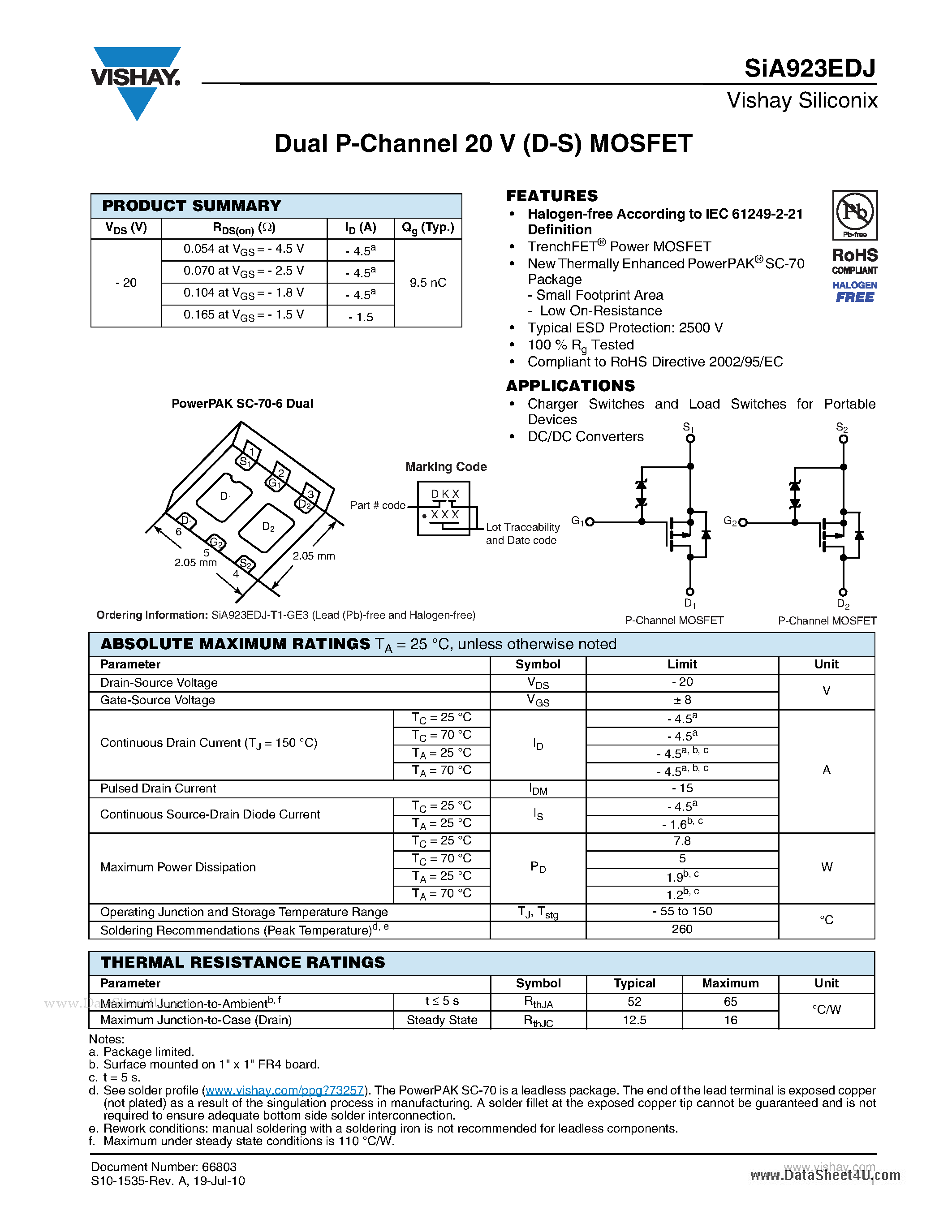 Даташит SIA923EDJ - Dual P-Channel 20-V (D-S) MOSFET страница 1