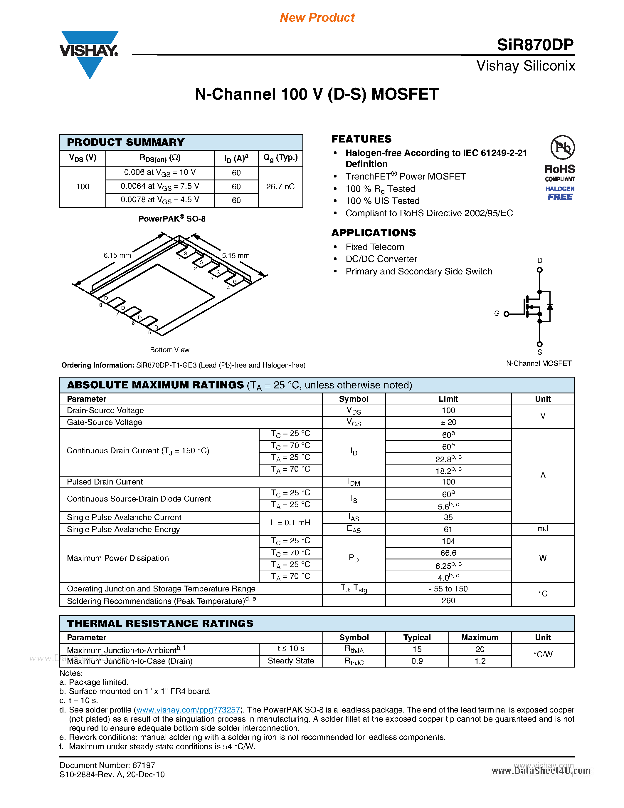 Даташит SIR870DP - N-Channel 100 V (D-S) MOSFET страница 1