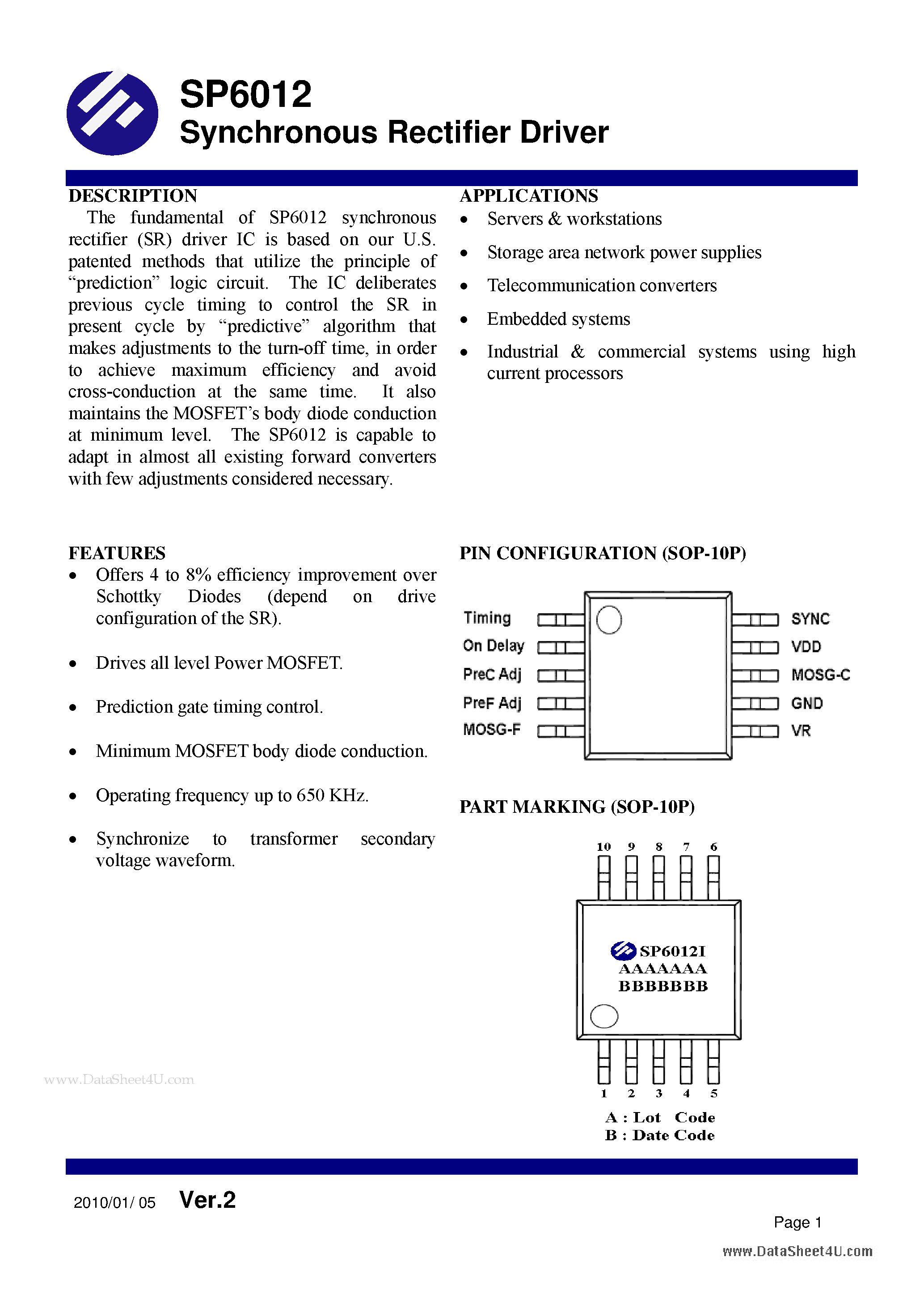 Datasheet SP6012 - Synchronous Rectifier Driver page 1