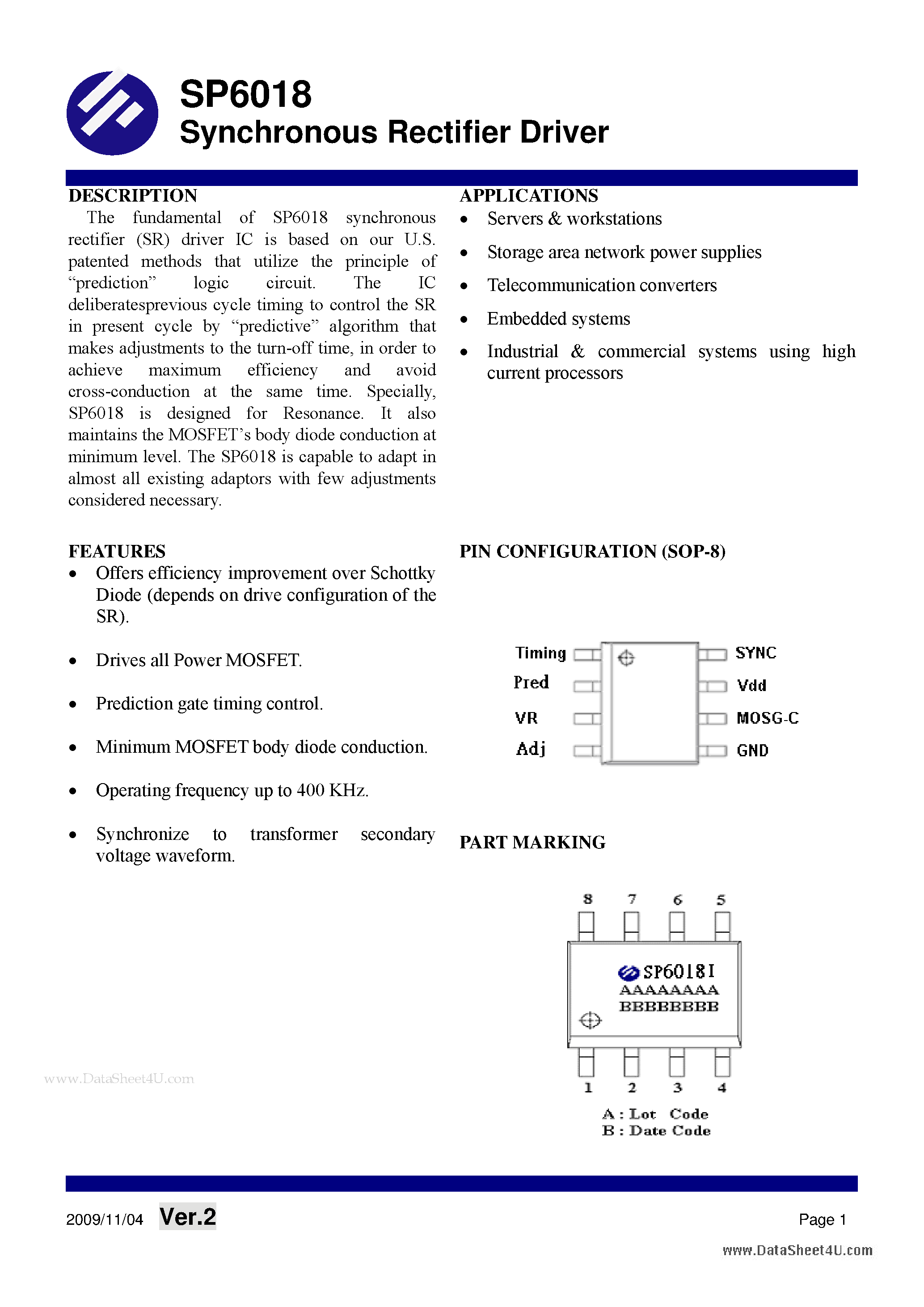 Datasheet SP6018 page 1 Datasheet SP6018 - Synchronous Rectifier Driver page 1