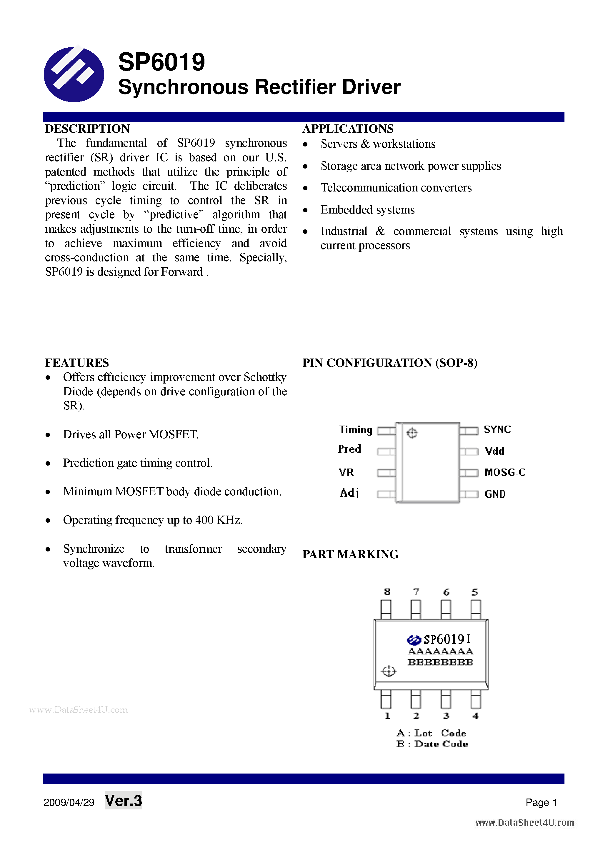 Datasheet SP6019 page 1 Datasheet SP6019 - Synchronous Rectifier Driver page 1