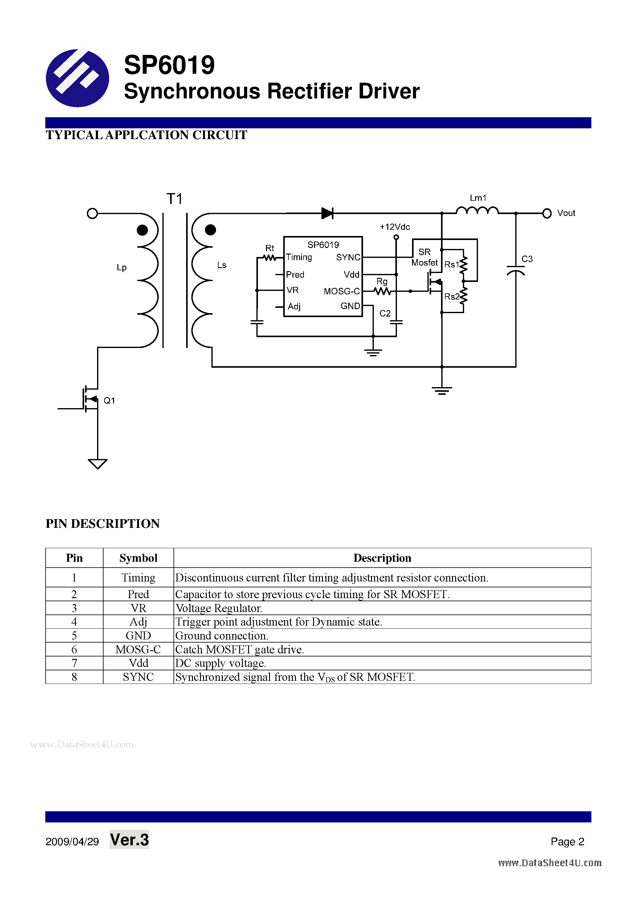 Datasheet SP6019 page 2 Datasheet SP6019 - Synchronous Rectifier Driver page 2