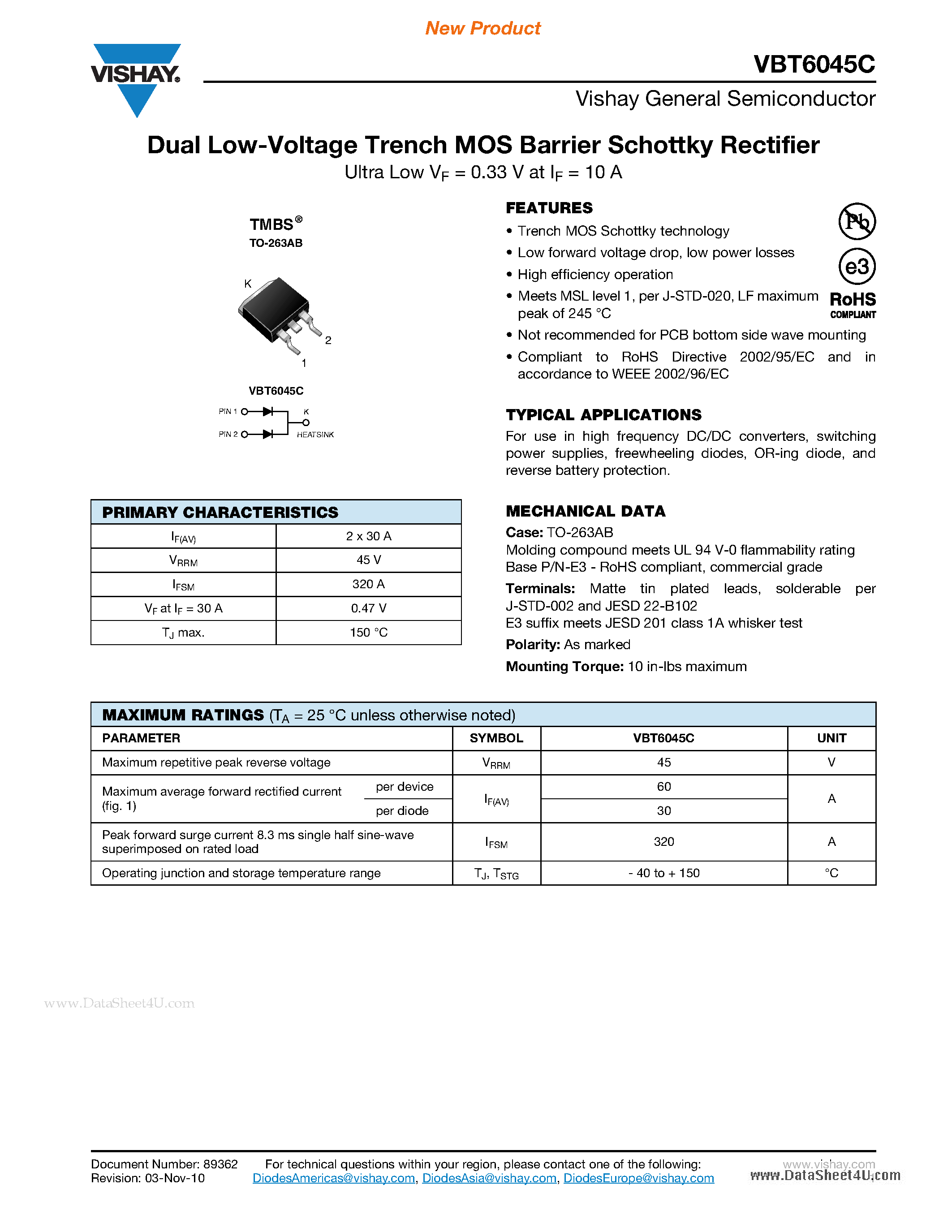 Datasheet VBT6045C - Dual Low-Voltage Trench MOS Barrier Schottky Rectifier page 1