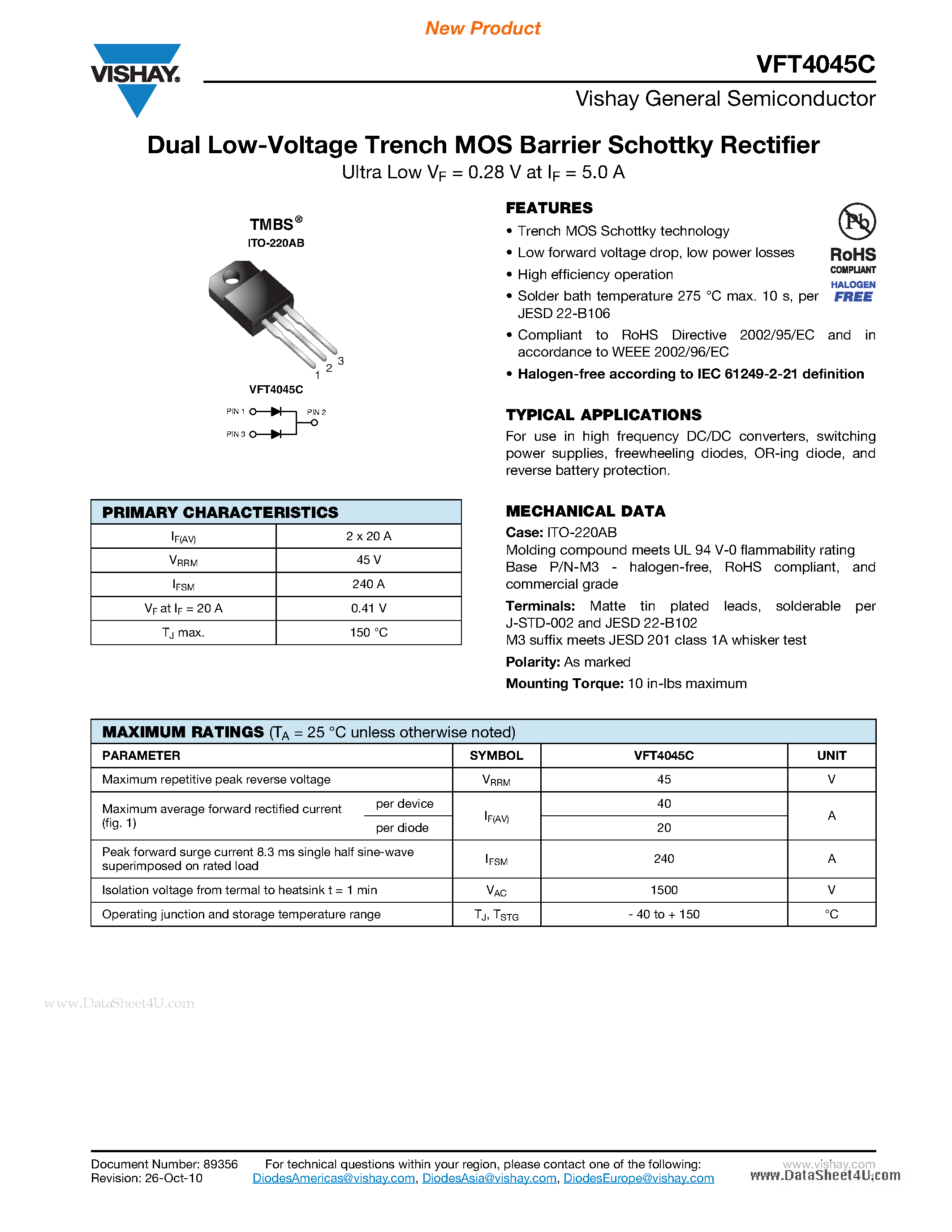 Datasheet VFT4045C - Dual Low-Voltage Trench MOS Barrier Schottky Rectifier page 1