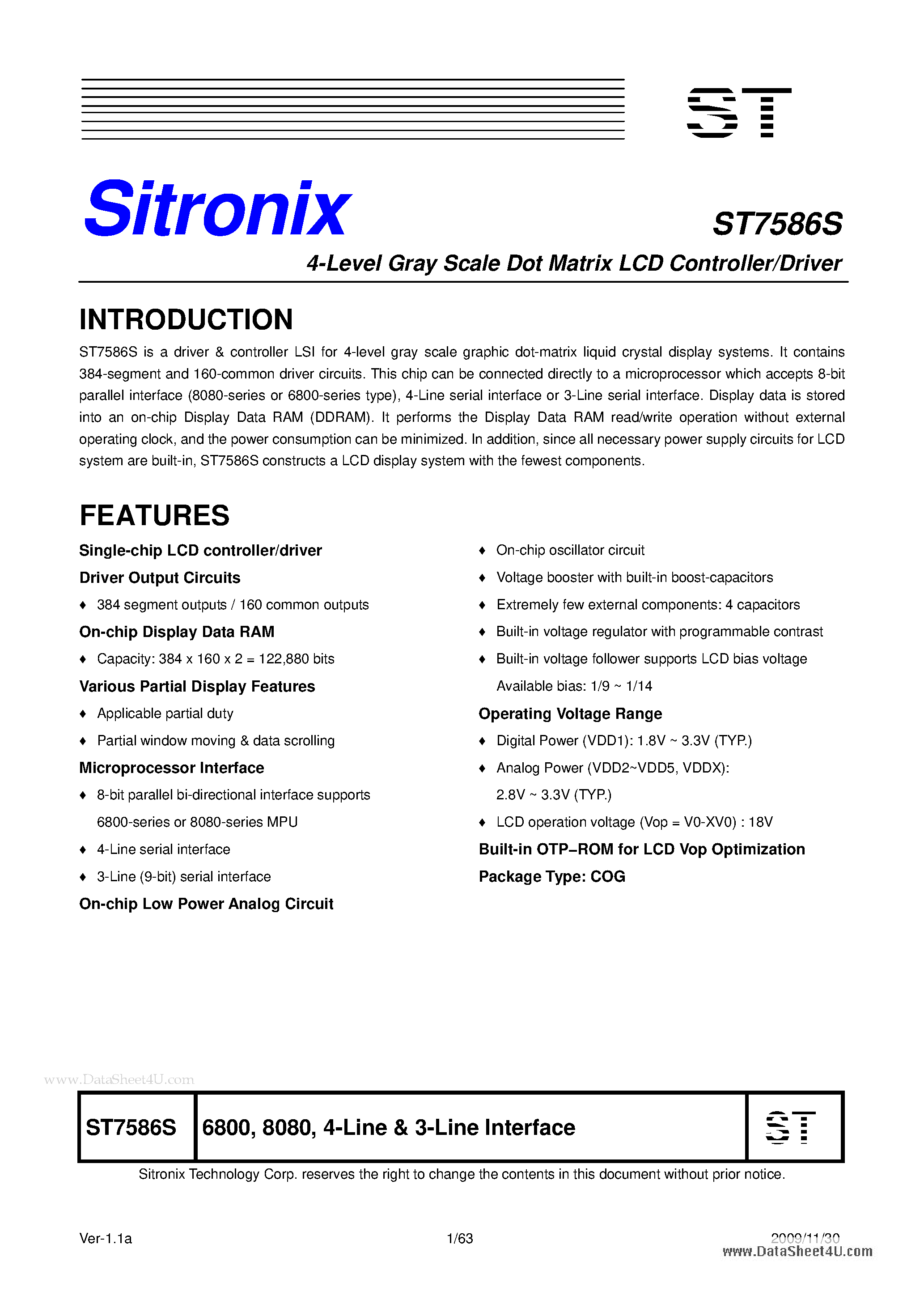 Datasheet ST7586S page 1 Datasheet ST7586S - 4-Level Gray Scale Dot Matrix LCD Controller/Driver page 1