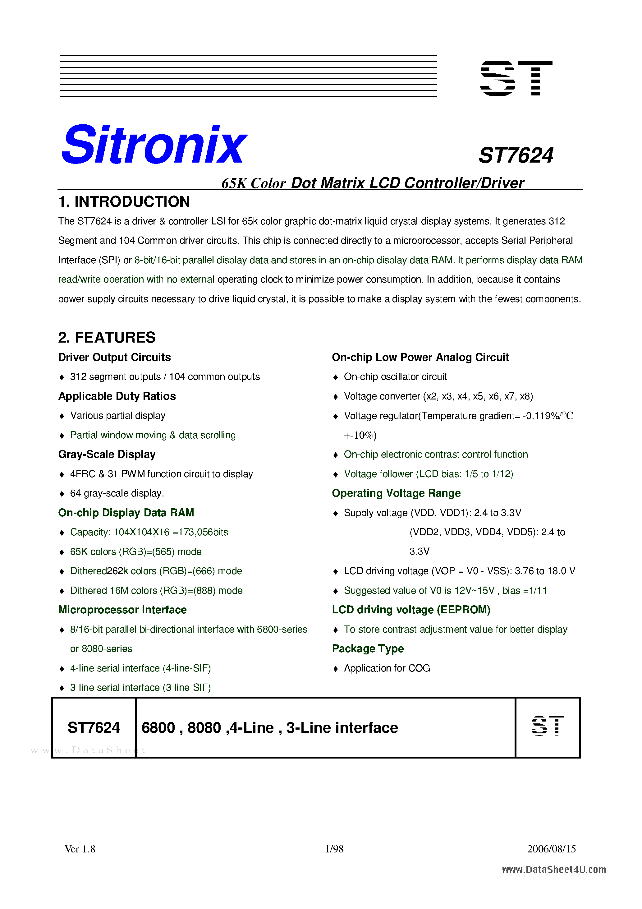 Datasheet ST7624 page 1 Datasheet ST7624 - 65K Color Dot Matrix LCD Controller/Driver page 1