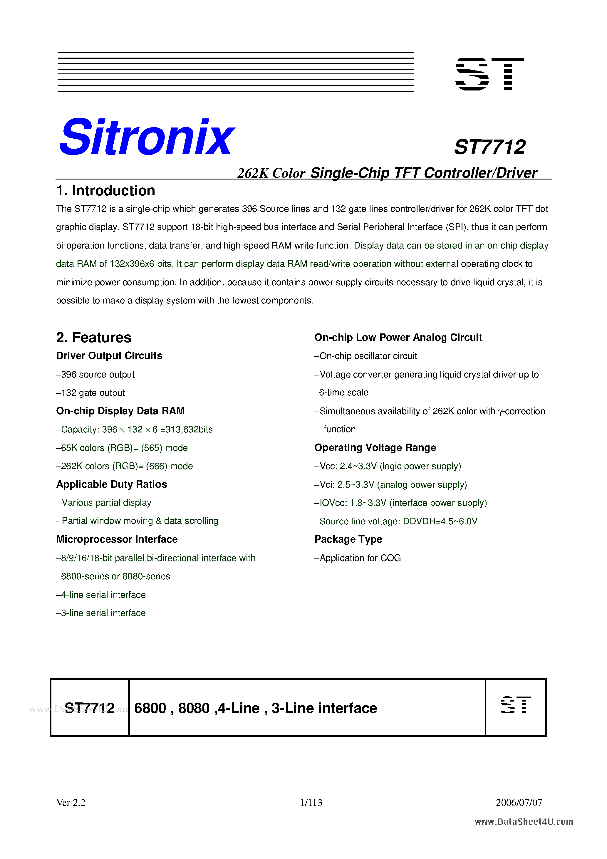 Datasheet ST7712 page 1 Datasheet ST7712 - 262K Color Single-Chip TFT Controller/Driver page 1