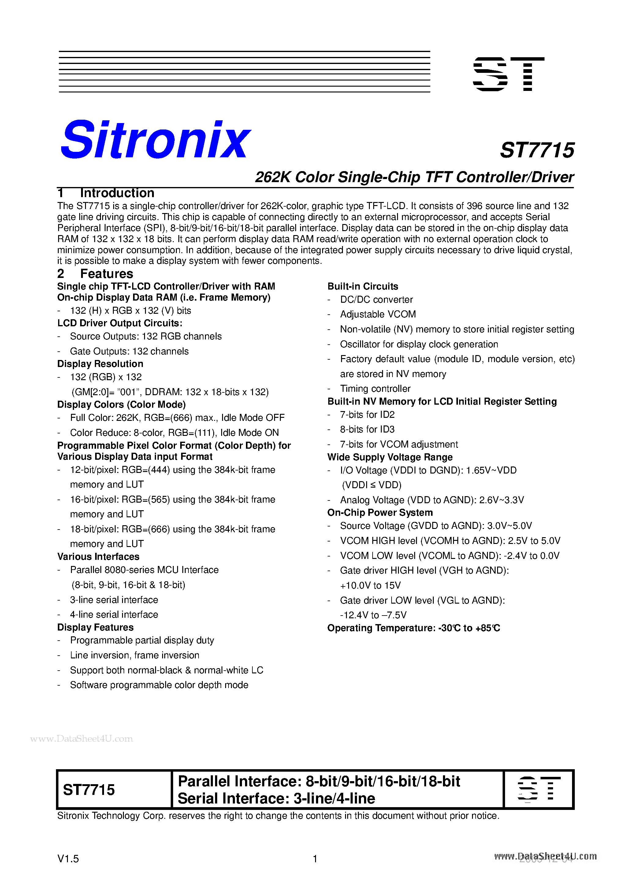 Даташит на микросхему ST7715 страница 1 Даташит ST7715 - 262K Color Single-Chip TFT Controller/Driver страница 1
