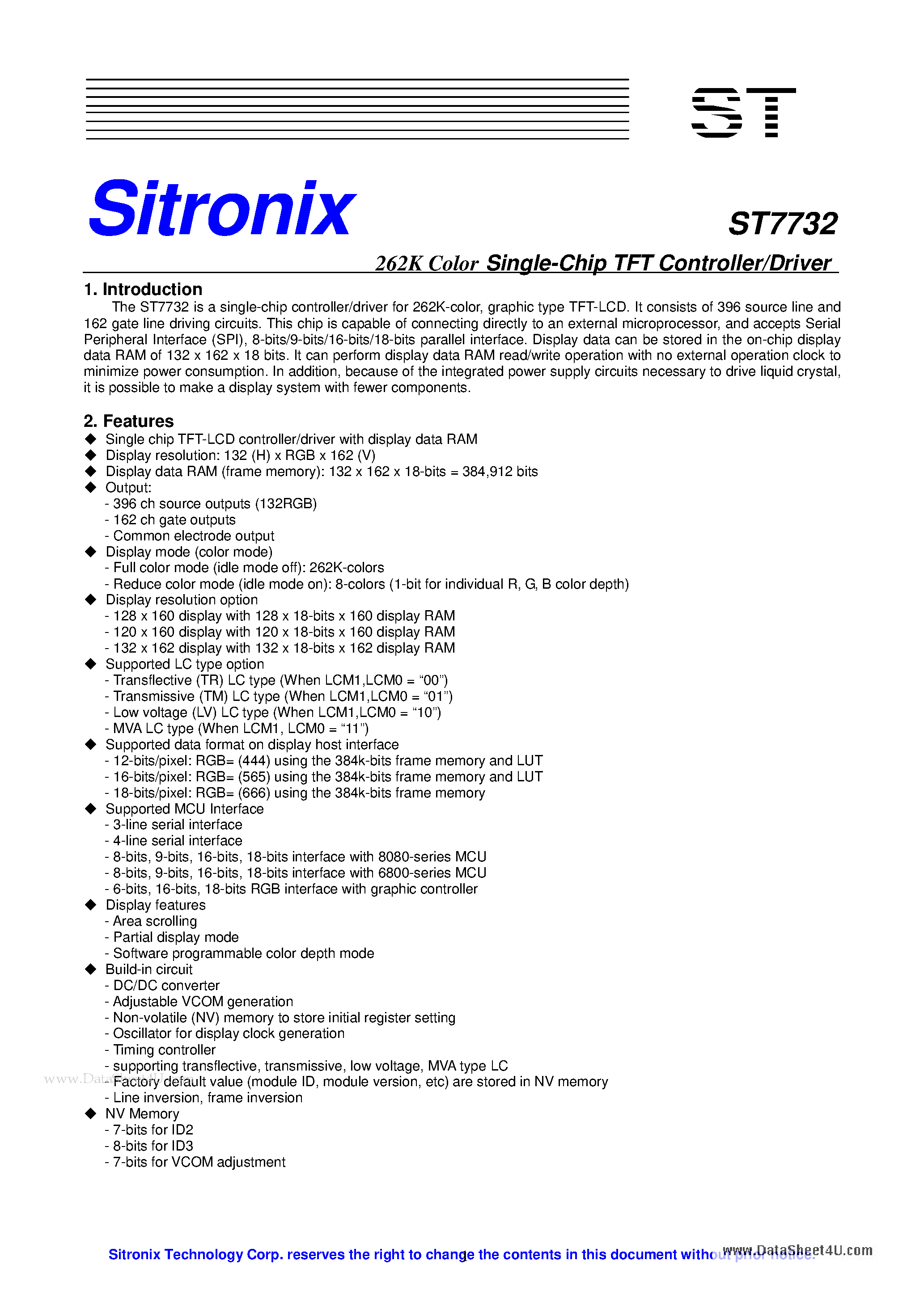 Даташит на микросхему ST7732 страница 1 Даташит ST7732 - 262K Color Single-Chip TFT Controller/Driver страница 1