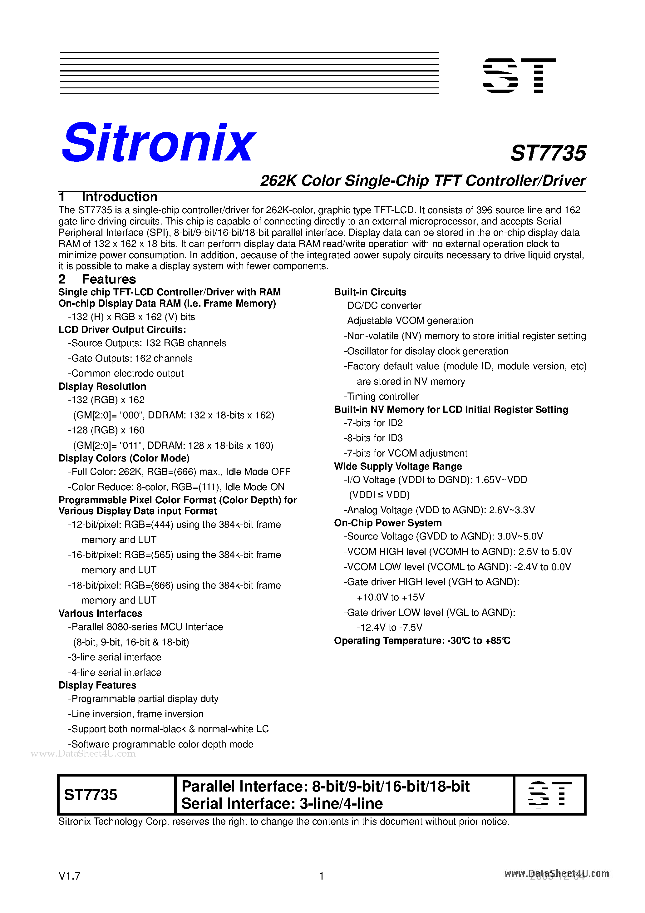 Даташит ST7735 - 262K Color Single-Chip TFT Controller/Driver страница 1