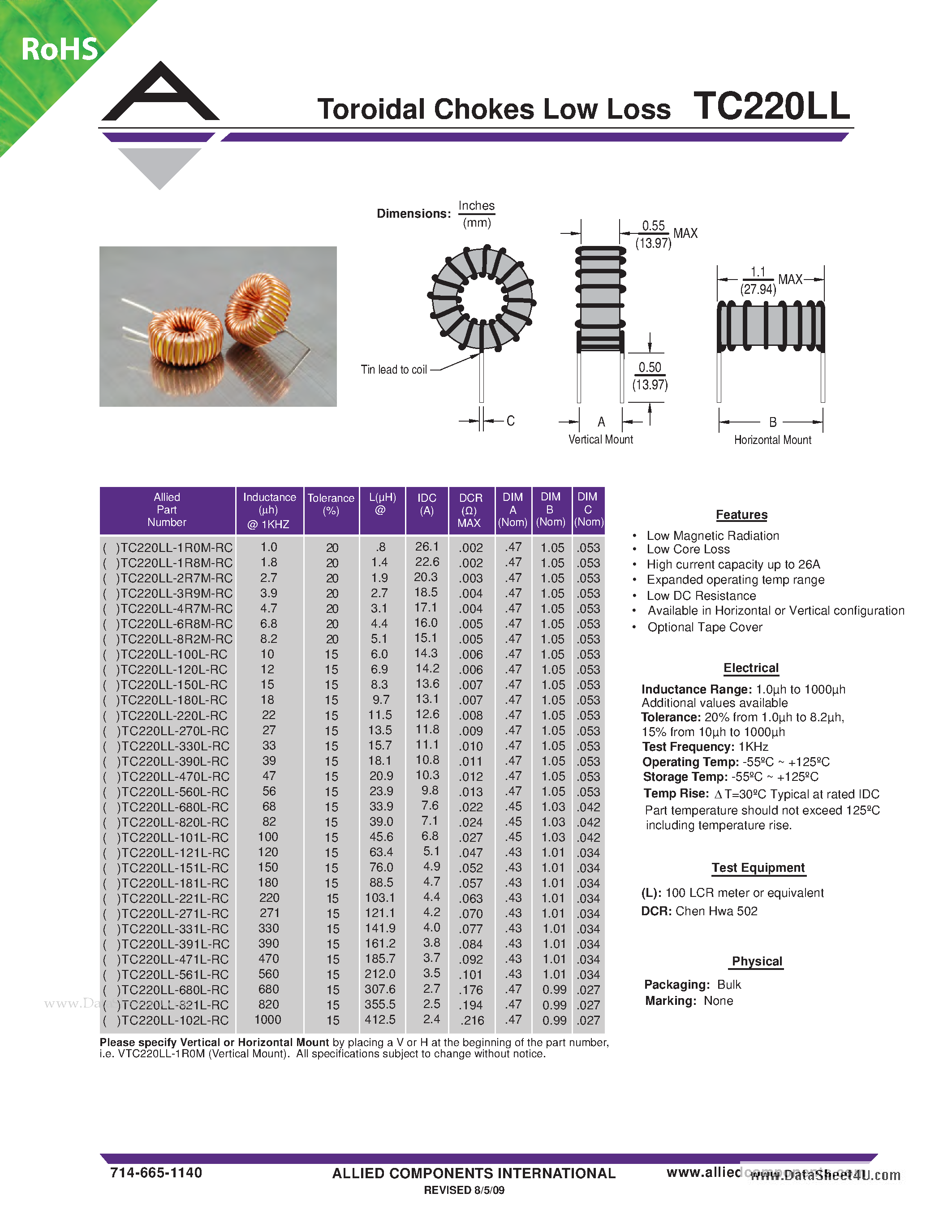 Datasheet TC220LL - Toroidal Chokes Low Loss page 1