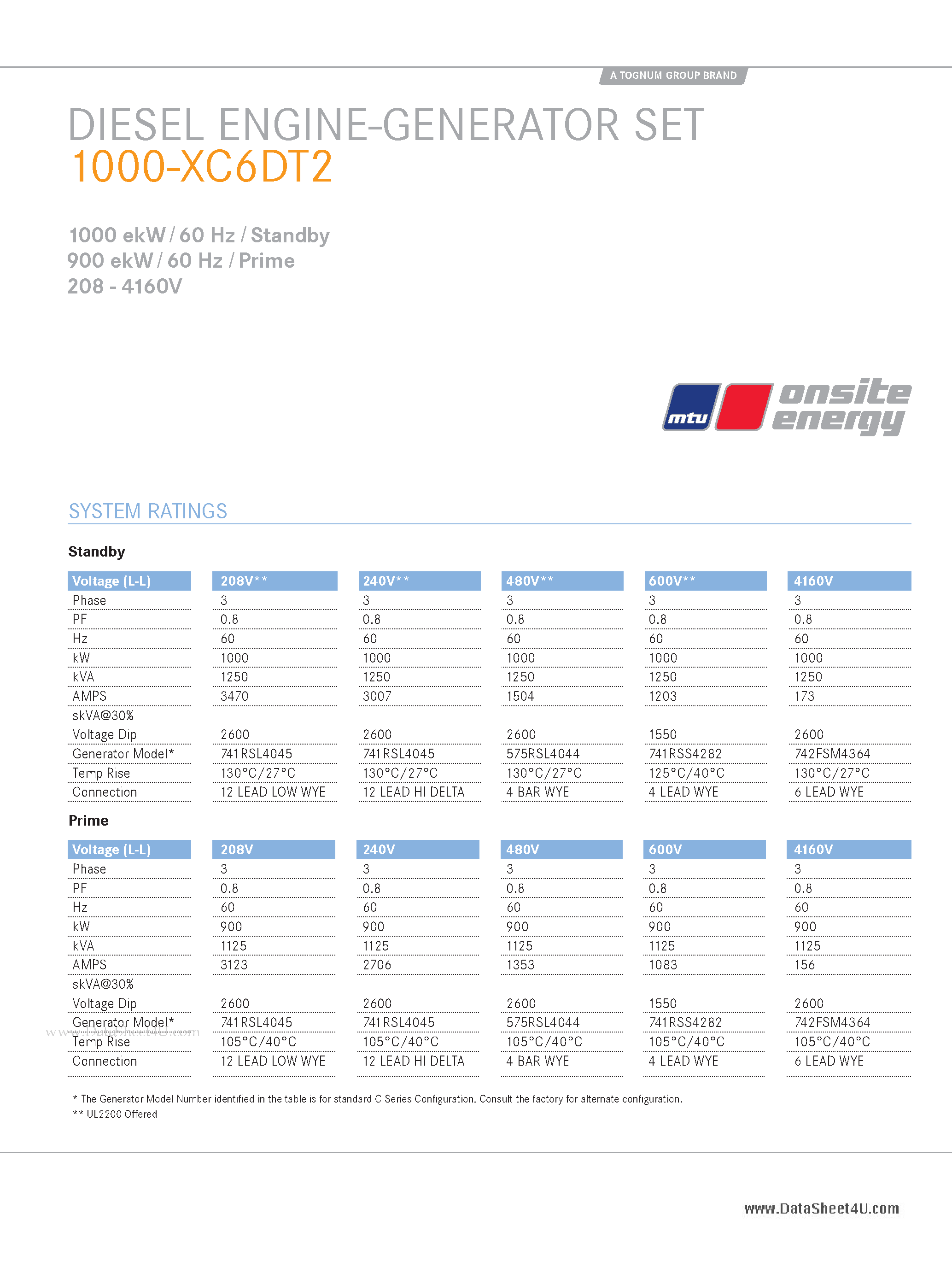 Datasheet 1000-XC6DT2 page 1 Datasheet 1000-XC6DT2 - DIESEL ENGINE-GENERATOR SET page 1