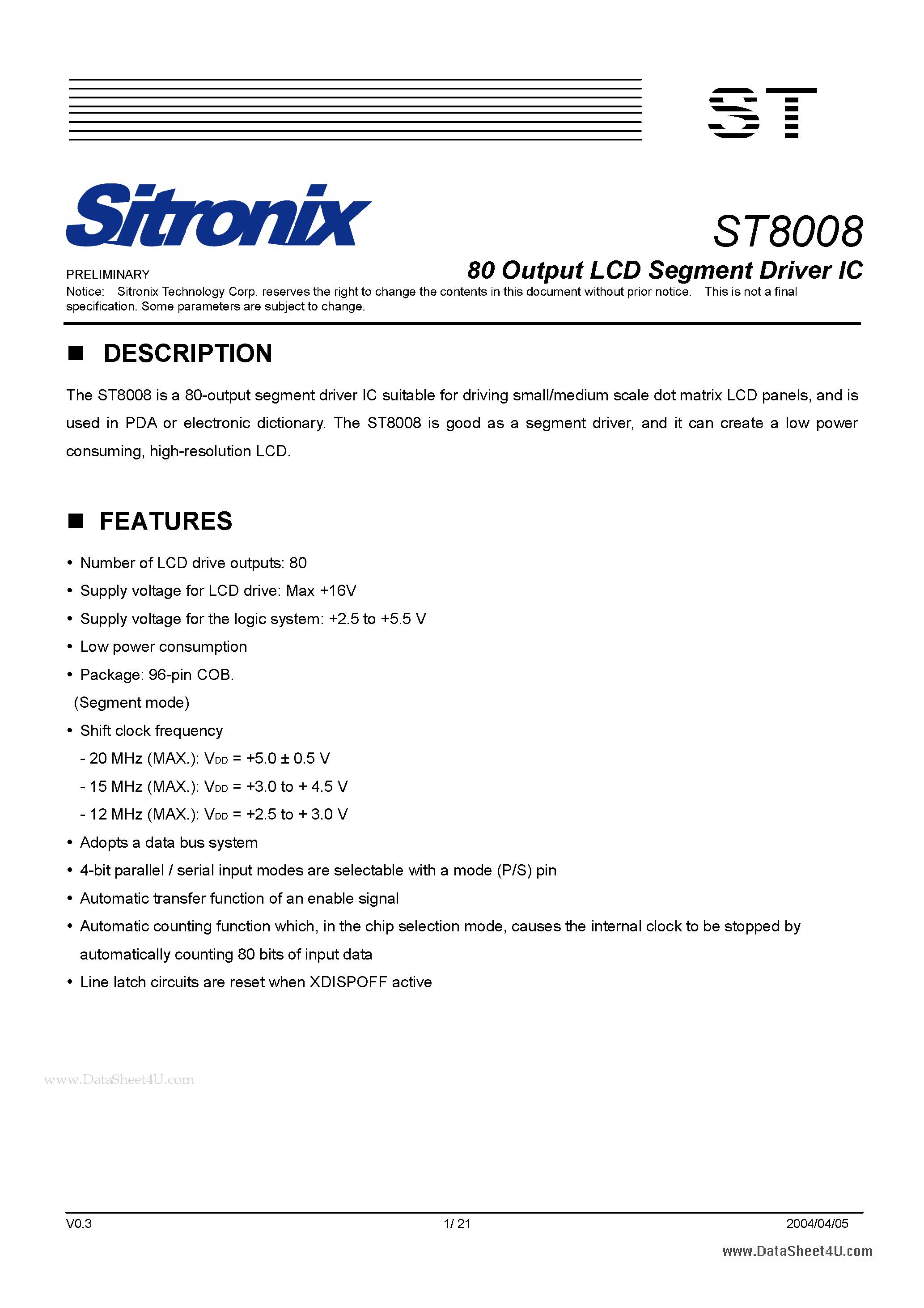 Даташит на микросхему ST8008 страница 1 Даташит ST8008 - 80 Output LCD Segment Driver IC страница 1