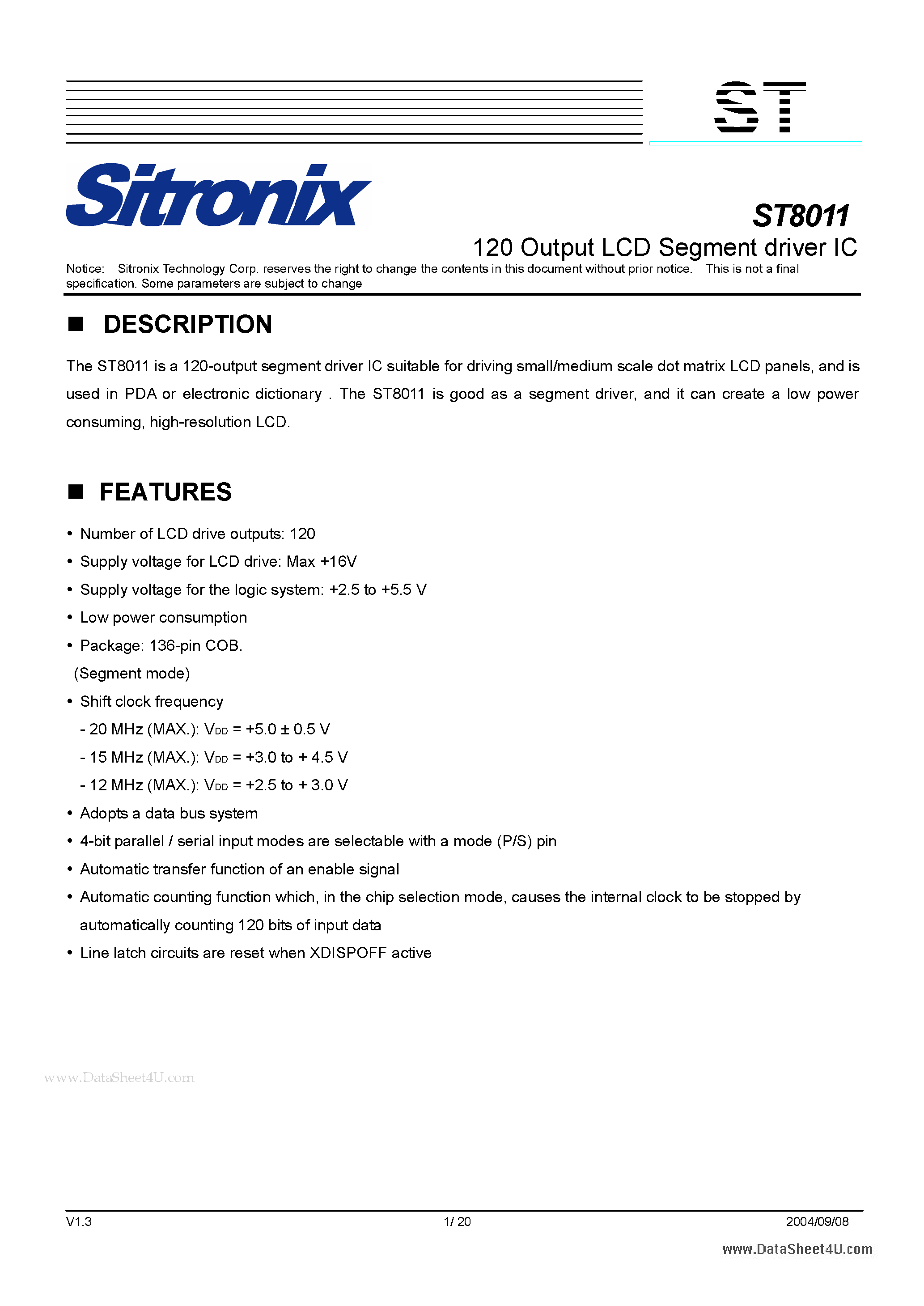Даташит ST8011 - 120 Output LCD Segment Driver IC страница 1