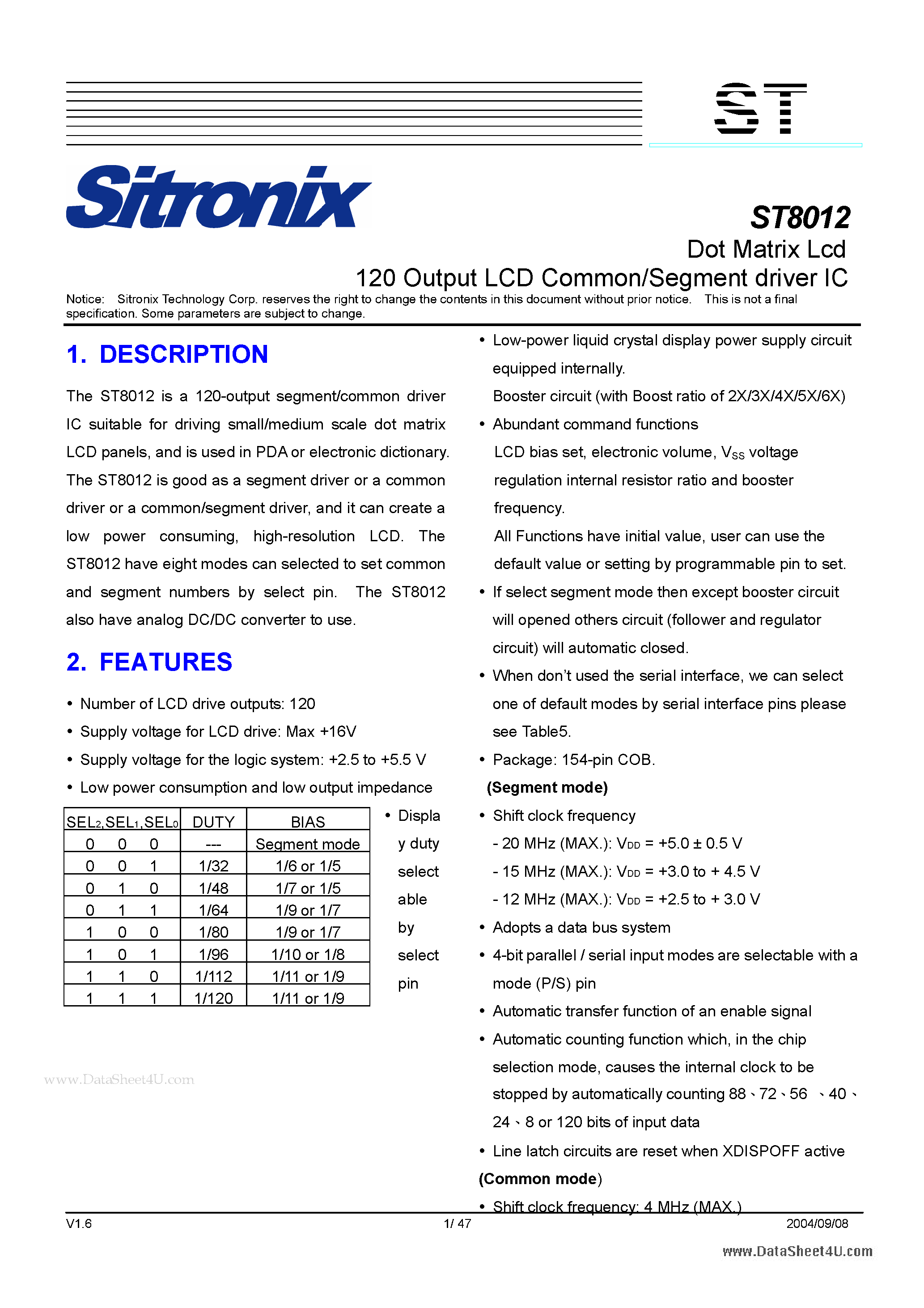Datasheet ST8012 - 120 Output LCD Common/Segment driver IC page 1