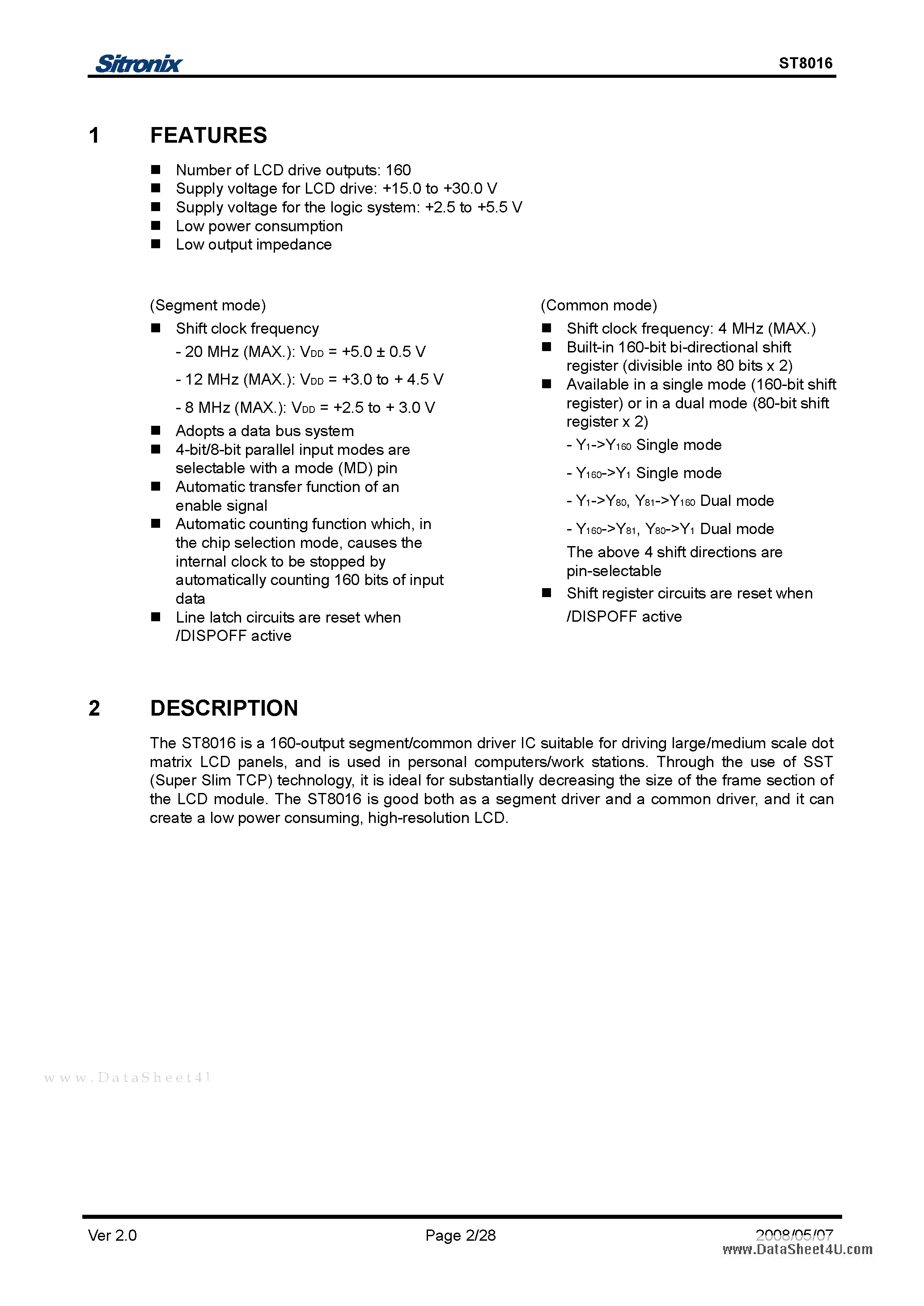 Datasheet ST8016 - 160 Output LCD Common/ Segment Driver IC page 2