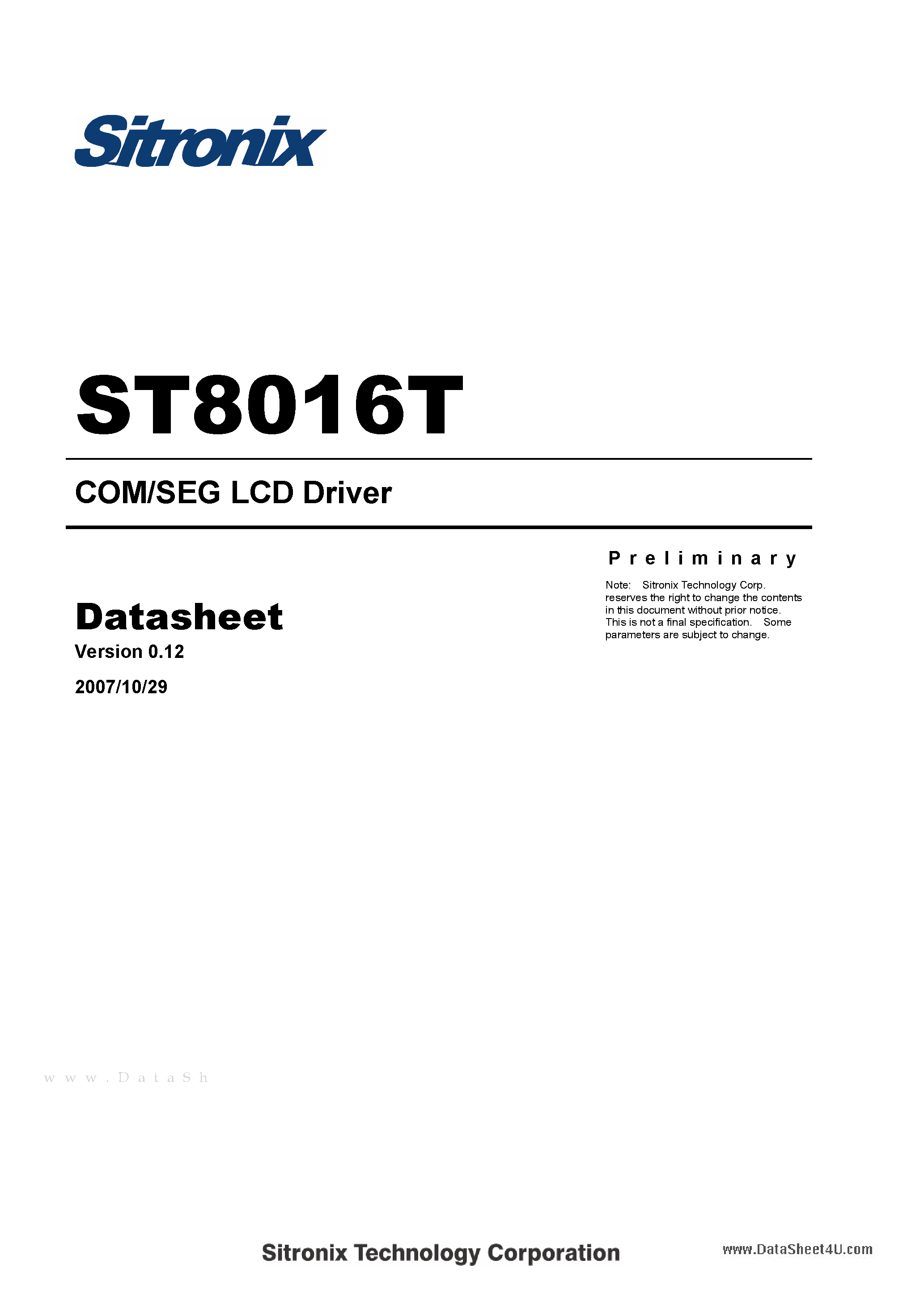 Даташит на микросхему ST8016T страница 1 Даташит ST8016T - COM/SEG LCD Driver страница 1