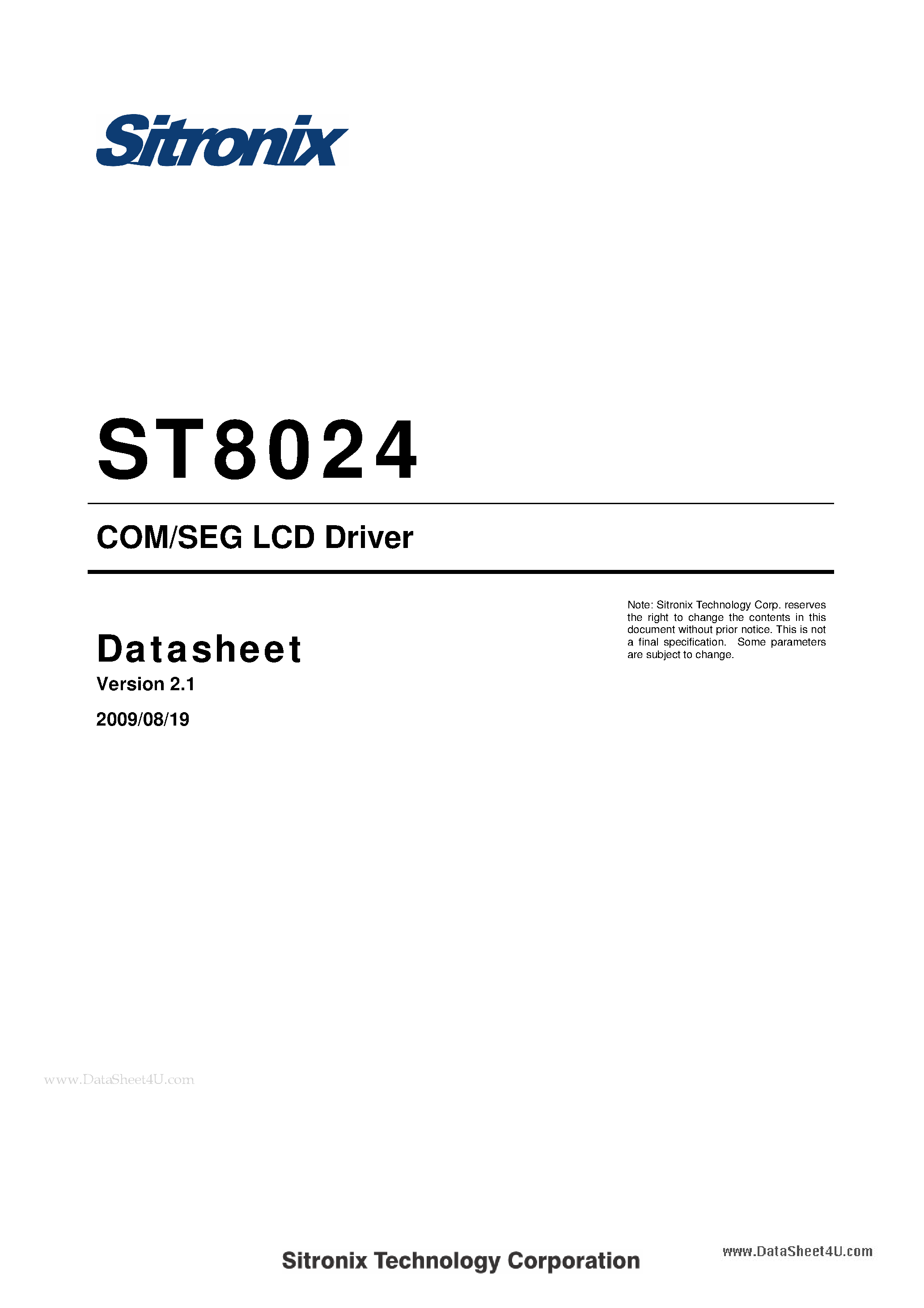 Даташит ST8024 - COM/SEG LCD Driver страница 1