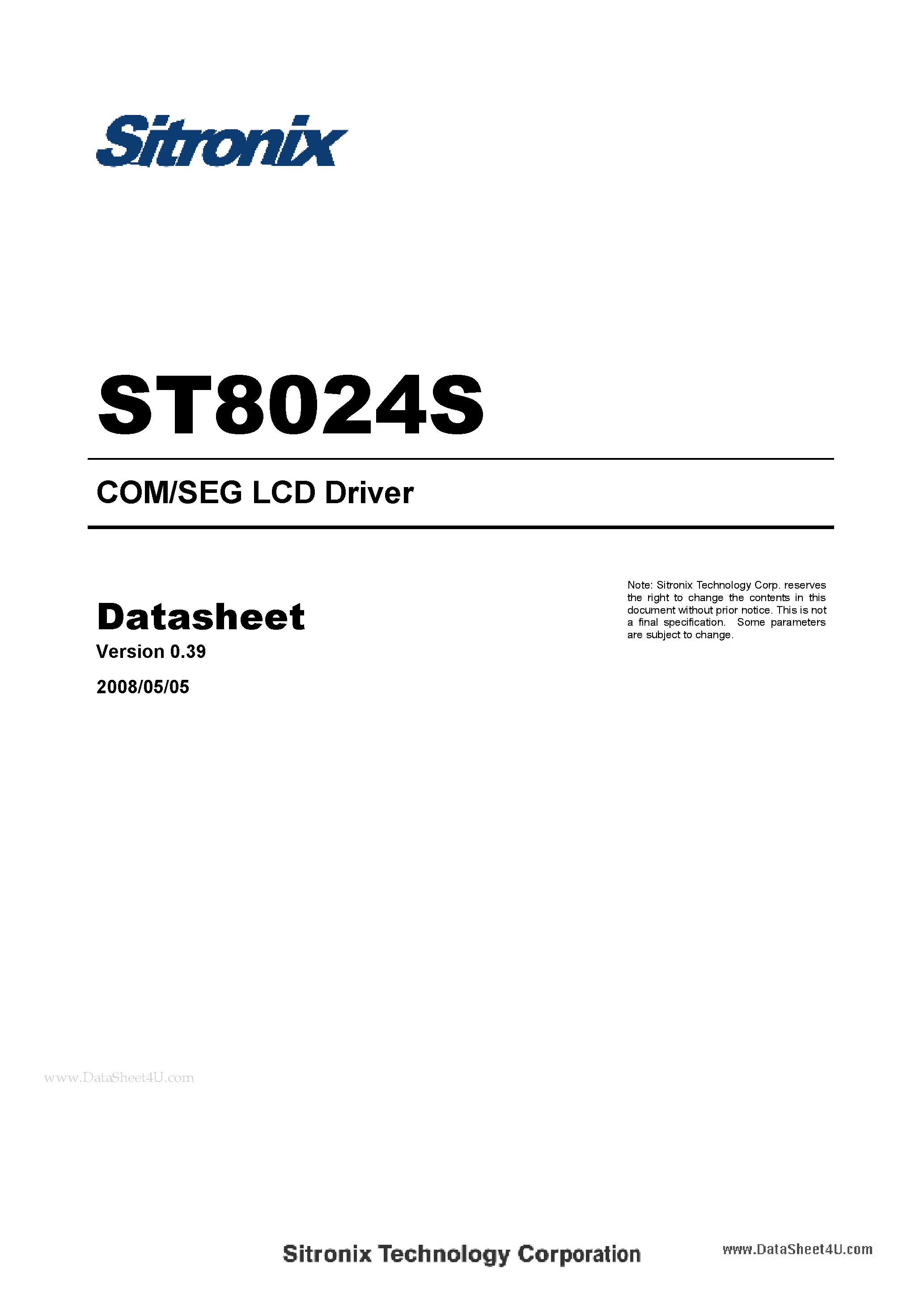 Datasheet ST8024S page 1 Datasheet ST8024S - COM/SEG LCD Driver page 1