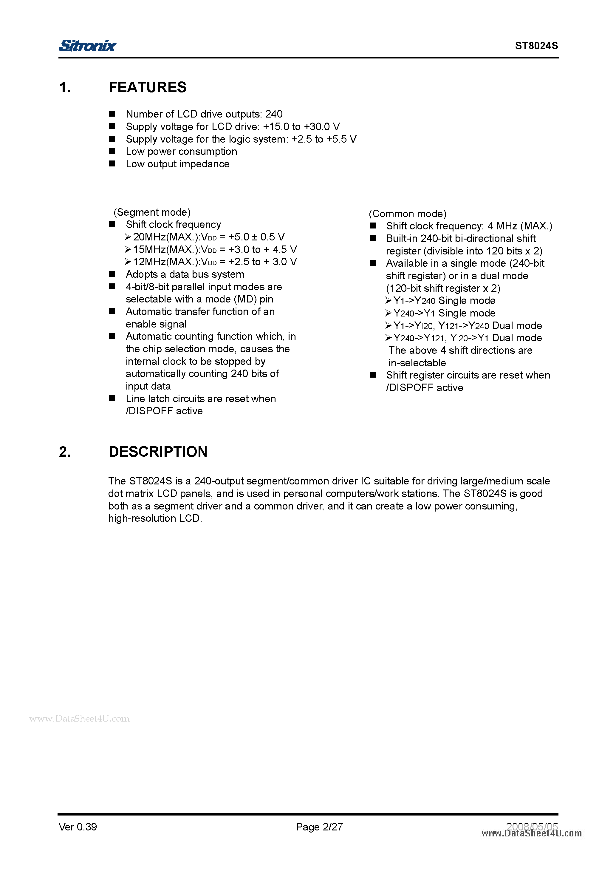 Datasheet ST8024S page 2 Datasheet ST8024S - COM/SEG LCD Driver page 2